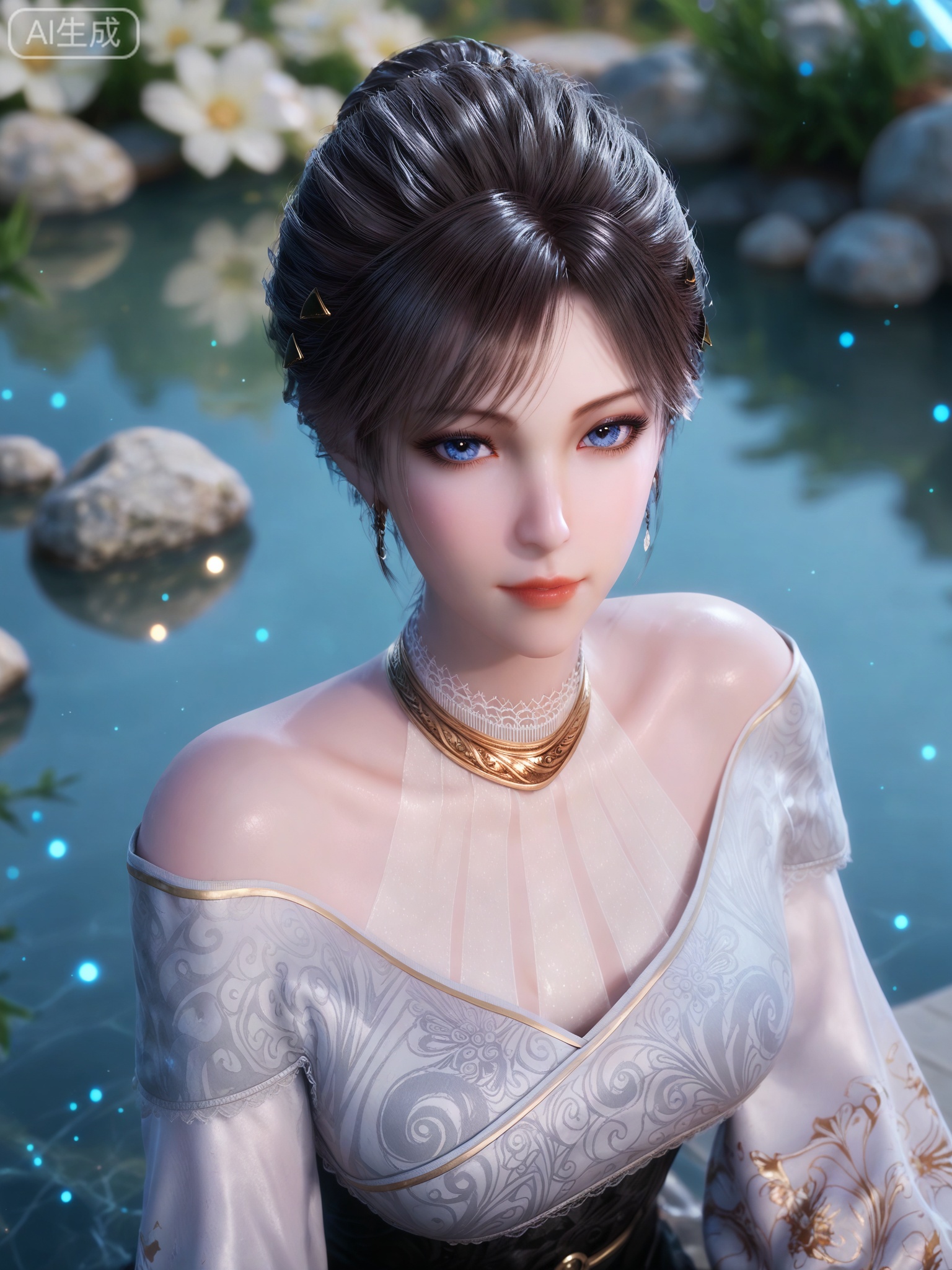 score_9,score_8_up,score_7_up,1girl,solo.looking_at_viewer,realistic,photorealistic,1girl,solo,Vivid Colors,bright environment,shiny skin,shiny hairjewelry,detail eyes,Eyes highlights,extreme detail description,(full body:0.8),light,glowing,sunshine,bright,reflection,bright,sunshine on face,shiny,shinny,petite,thin,leg slimming,lose weight,slim hips,lakeside,delicate water,reflection,sitting_down,eyelashes,black-hair,