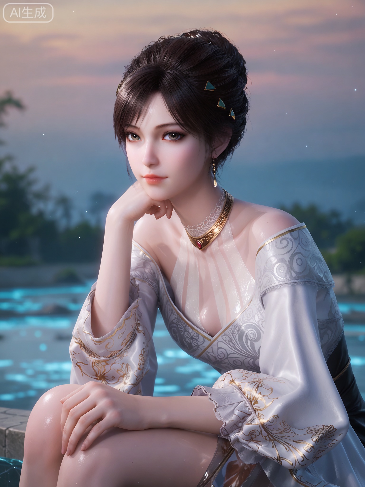 score_9,score_8_up,score_7_up,1girl,solo.looking_at_viewer,realistic,photorealistic,1girl,solo,Vivid Colors,bright environment,shiny skin,shiny hairjewelry,detail eyes,Eyes highlights,extreme detail description,(full body:0.8),light,glowing,sunshine,bright,reflection,bright,sunshine on face,shiny,shinny,petite,thin,leg slimming,lose weight,slim hips,lakeside,delicate water,reflection,sitting_down,eyelashes,black-hair