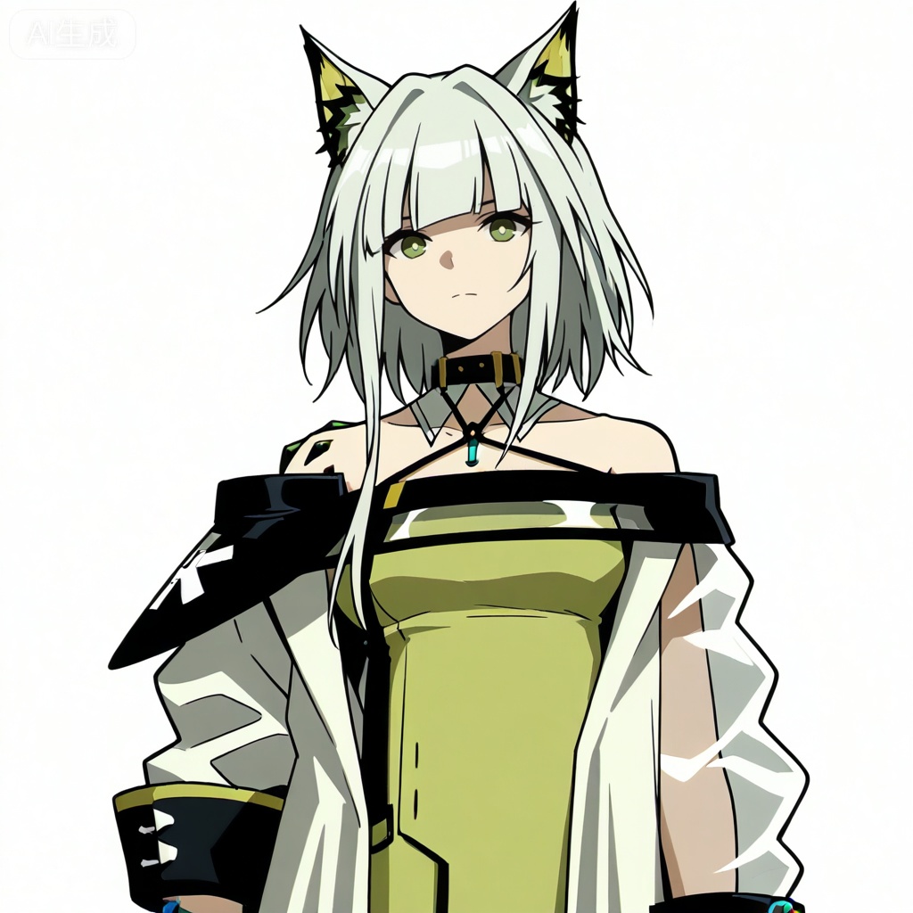 masterpiece, best quality,solo,white background,simple_background,kal'tsit (arknights),ANIME_STYLE,animal ear fluff,Animal ears,short hair,blunt bangs,sidelocks,bangs,green eyes,green hair,cat ears,oripathy lesion \(arknights\),boots,long sleeves,jewelry,off shoulder,bare shoulders,coat,see-through,halterneck,brown footwear,green dress,watch,off-shoulder dress,wristwatch