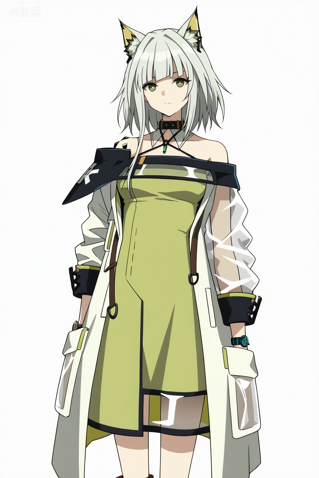 masterpiece, best quality,solo,white background,simple_background,kal'tsit (arknights),ANIME_STYLE,animal ear fluff,Animal ears,short hair,blunt bangs,sidelocks,bangs,green eyes,green hair,cat ears,oripathy lesion \(arknights\),boots,long sleeves,jewelry,off shoulder,bare shoulders,coat,see-through,halterneck,brown footwear,green dress,watch,off-shoulder dress,wristwatch