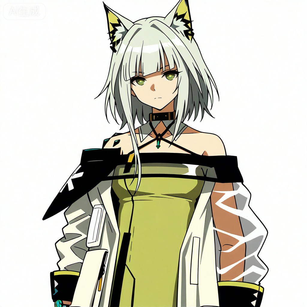 masterpiece, best quality,solo,white background,simple_background,kal'tsit (arknights),ANIME_STYLE,animal ear fluff,Animal ears,short hair,blunt bangs,sidelocks,bangs,green eyes,green hair,cat ears,oripathy lesion \(arknights\),boots,long sleeves,jewelry,off shoulder,bare shoulders,coat,see-through,halterneck,brown footwear,green dress,watch,off-shoulder dress,wristwatch