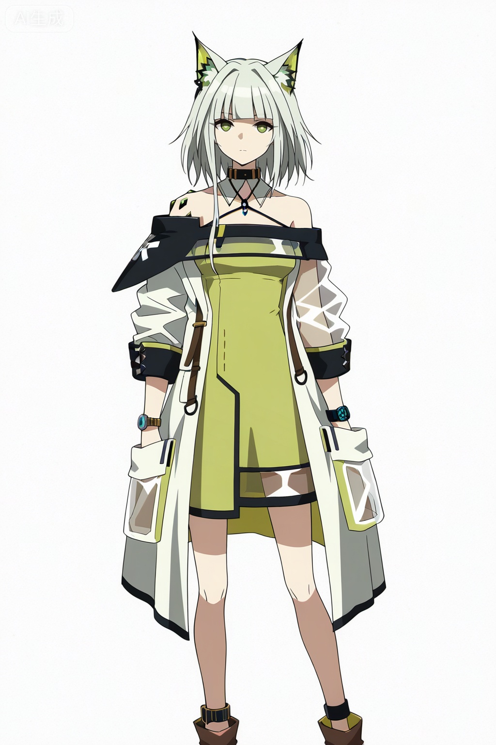 masterpiece, best quality,solo,white background,simple_background,kal'tsit (arknights),ANIME_STYLE,animal ear fluff,Animal ears,short hair,blunt bangs,sidelocks,bangs,green eyes,green hair,cat ears,oripathy lesion \(arknights\),boots,long sleeves,jewelry,off shoulder,bare shoulders,coat,see-through,halterneck,brown footwear,green dress,watch,off-shoulder dress,wristwatch
