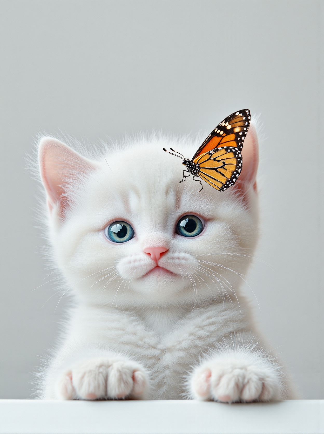 Scene Composition: A hyper-detailed,  cinematic portrait of a snow-furred kitten in a moment of whimsical wonder,  rendere...