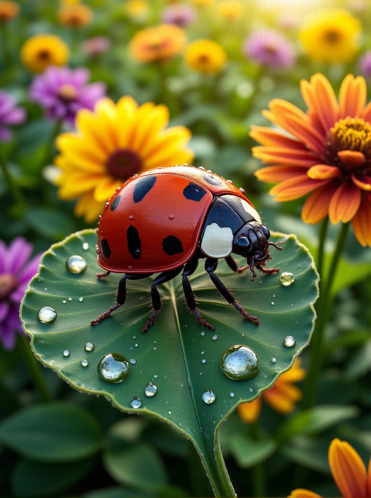 Scene Composition: A hyper-detailed,  cinematic macro shot of a ladybug perched on a rain-kissed leaf,  rendered with such...