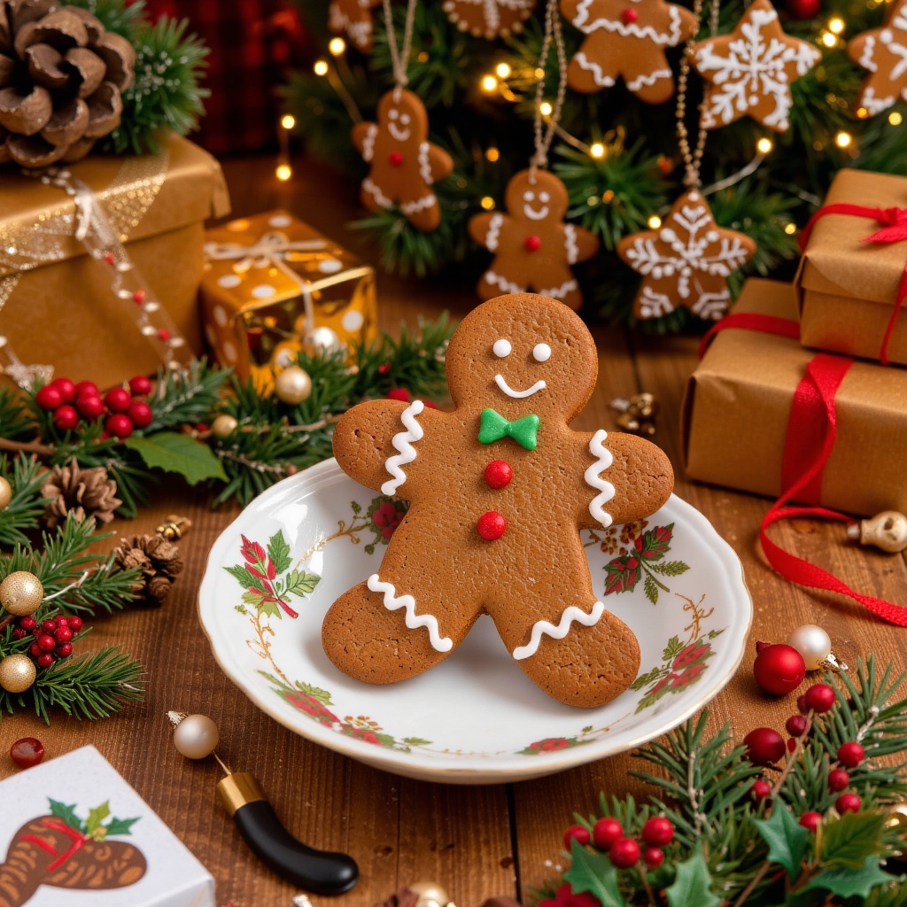 A photorealistic,  cinematic-style horizontal photo of a Christmas gingerbread man cookie placed on a decorative plate. Th...