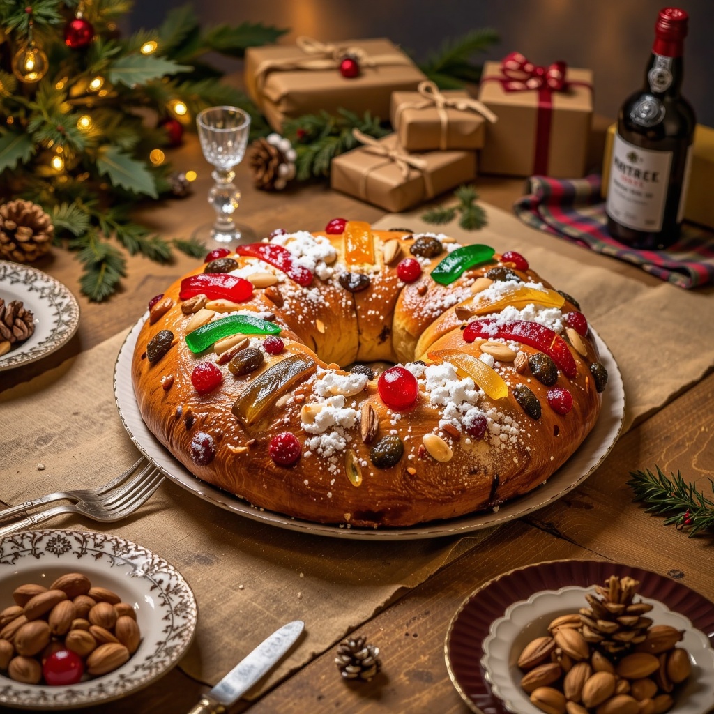 A photorealistic,  cinematic-style horizontal photograph of a Portuguese Christmas iced ring cake Bolo-Rei de Natal placed...
