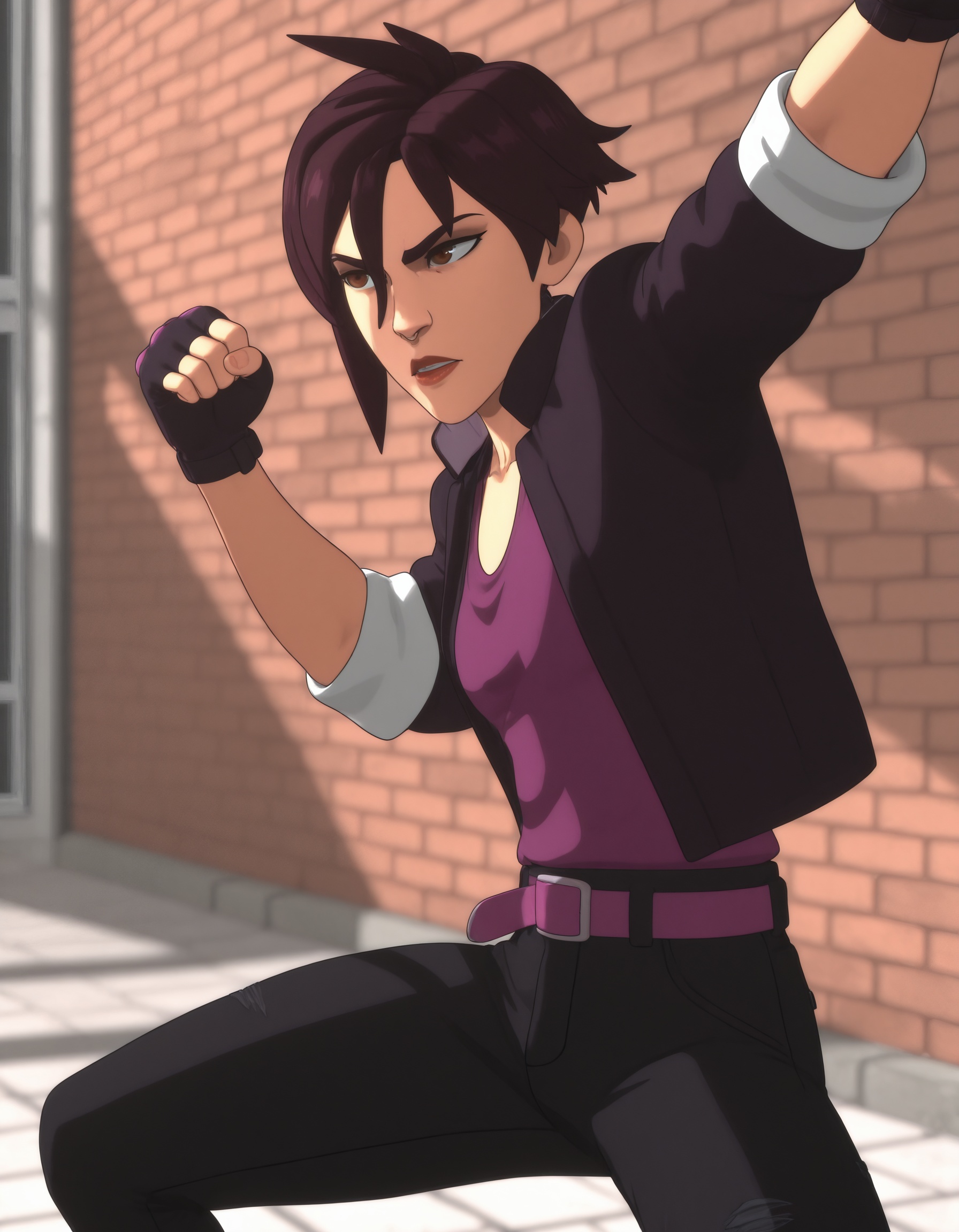 dispatch_investigal,  fight stance,  brick wall in background on Tensor.Art