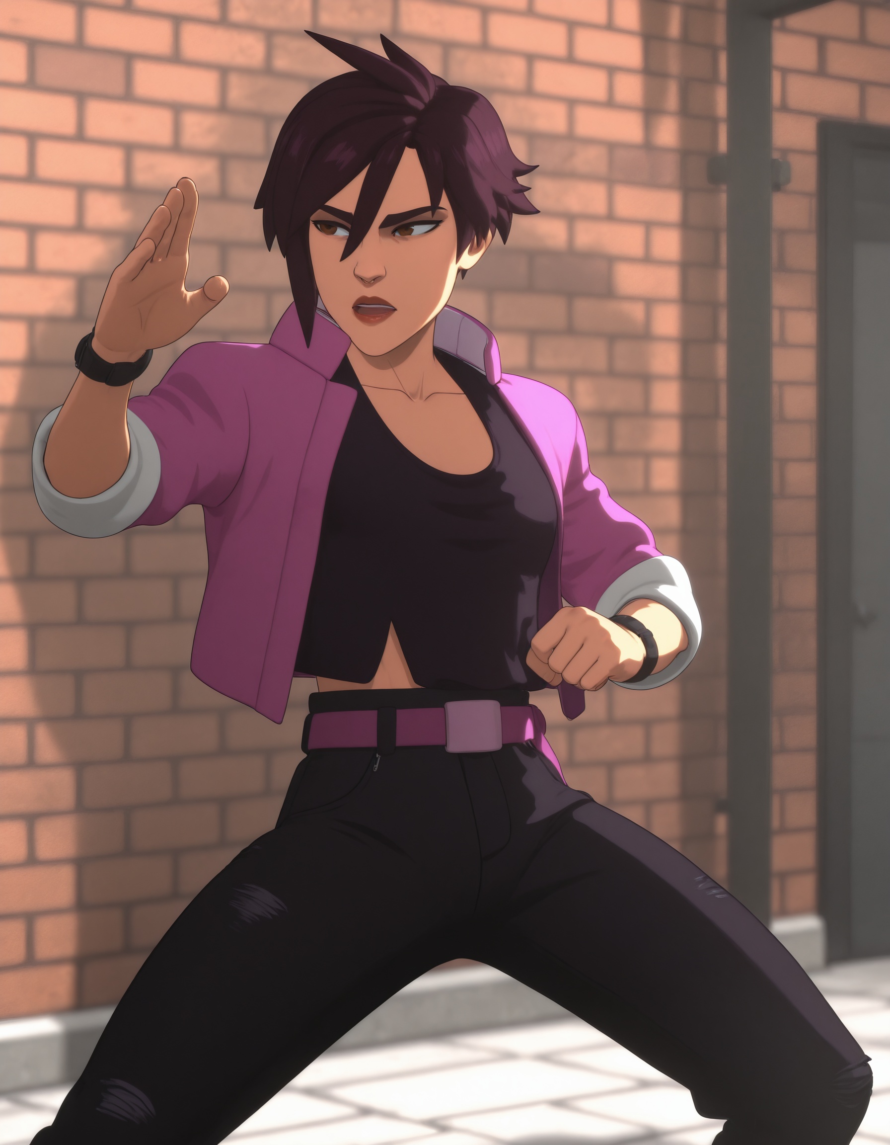 dispatch_investigal,  fight stance,  brick wall in background on Tensor.Art