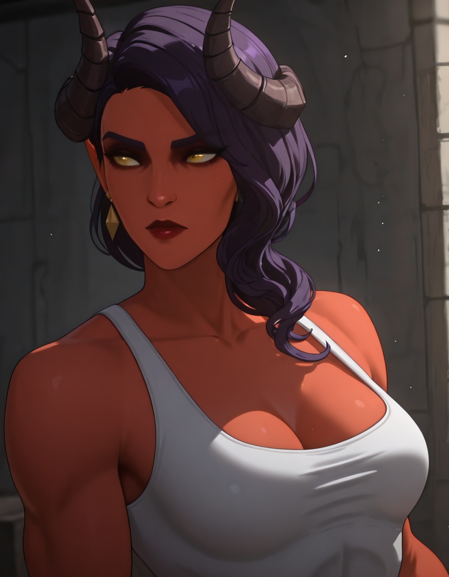 dispatch_malevola,  white ****-top,  dark purple hair on Tensor.Art