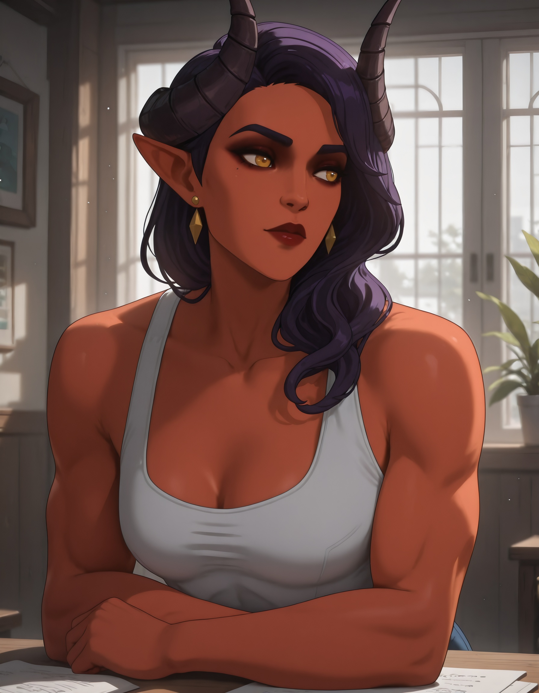 dispatch_malevola,  white ****-top,  dark purple hair on Tensor.Art