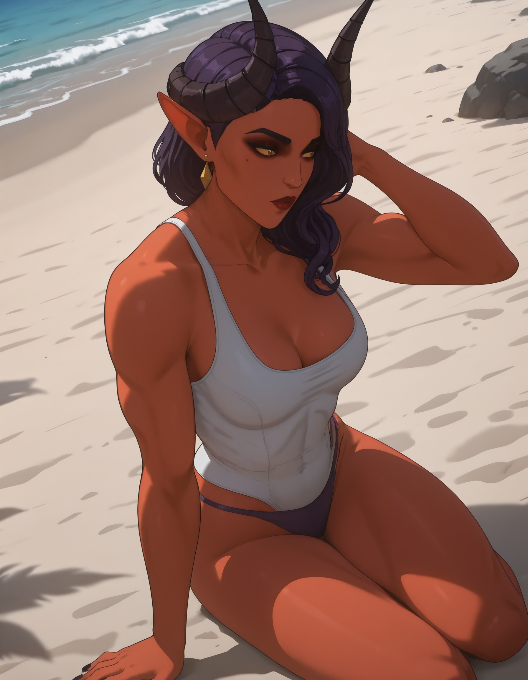 dispatch_malevola,  white ****-top,  dark purple hair on Tensor.Art