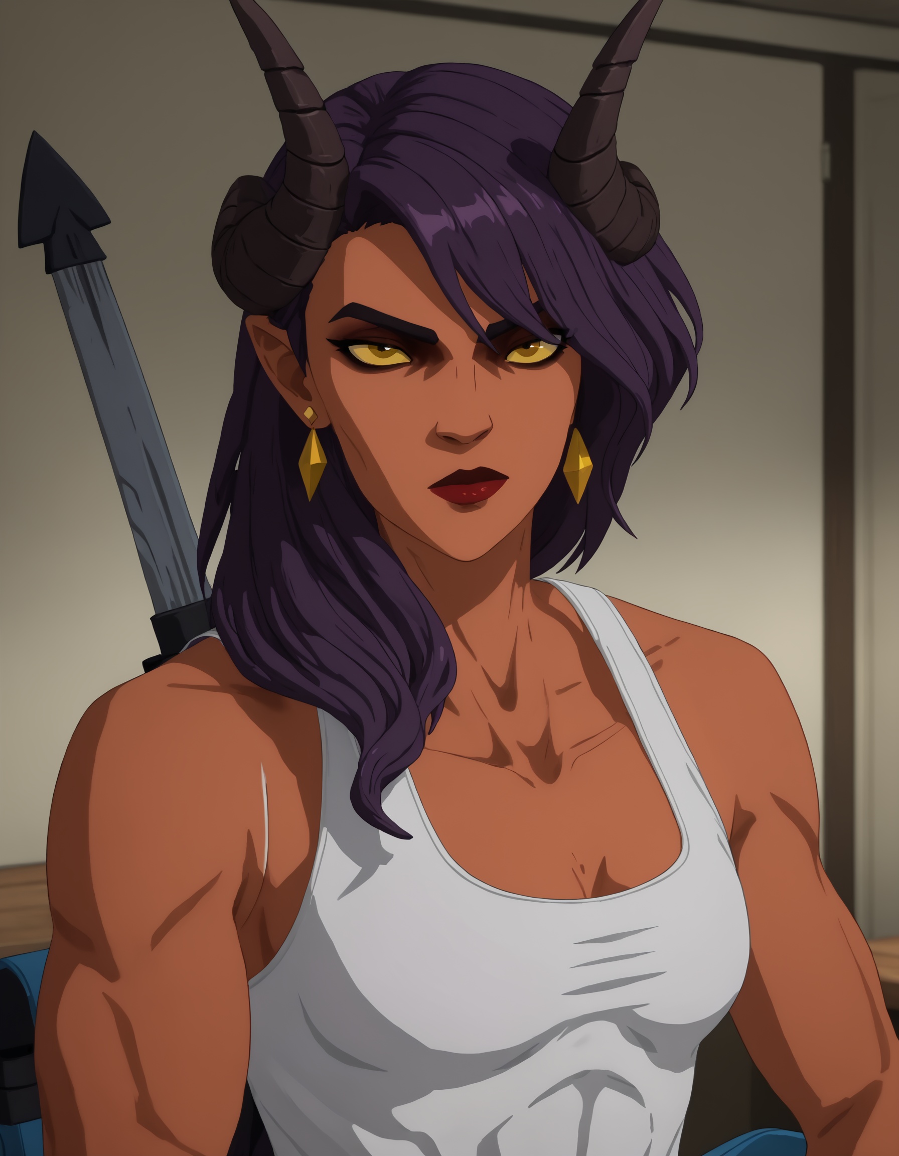dispatch_malevola,  purple hair,  white ****-top on Tensor.Art