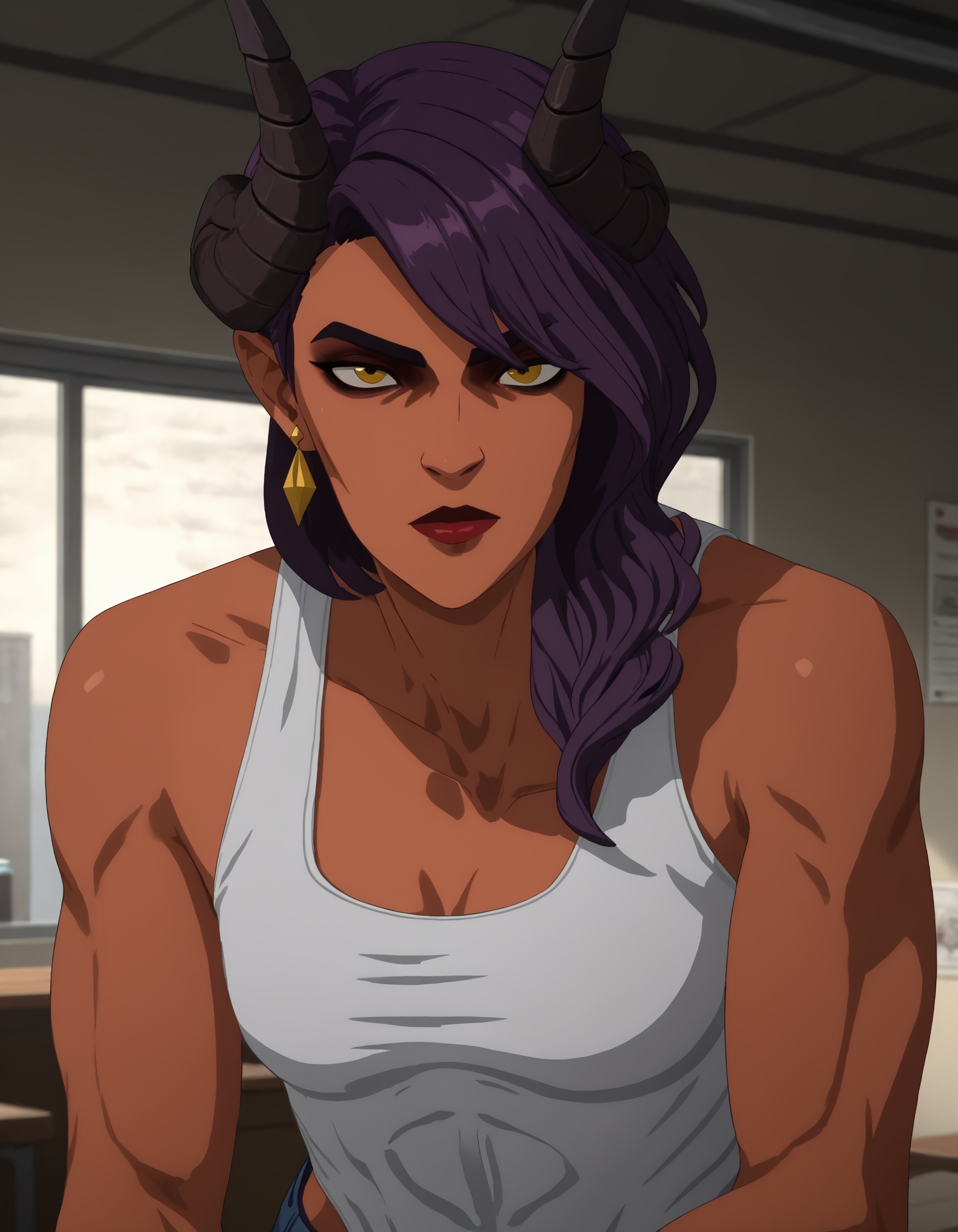 dispatch_malevola,  purple hair,  white ****-top on Tensor.Art