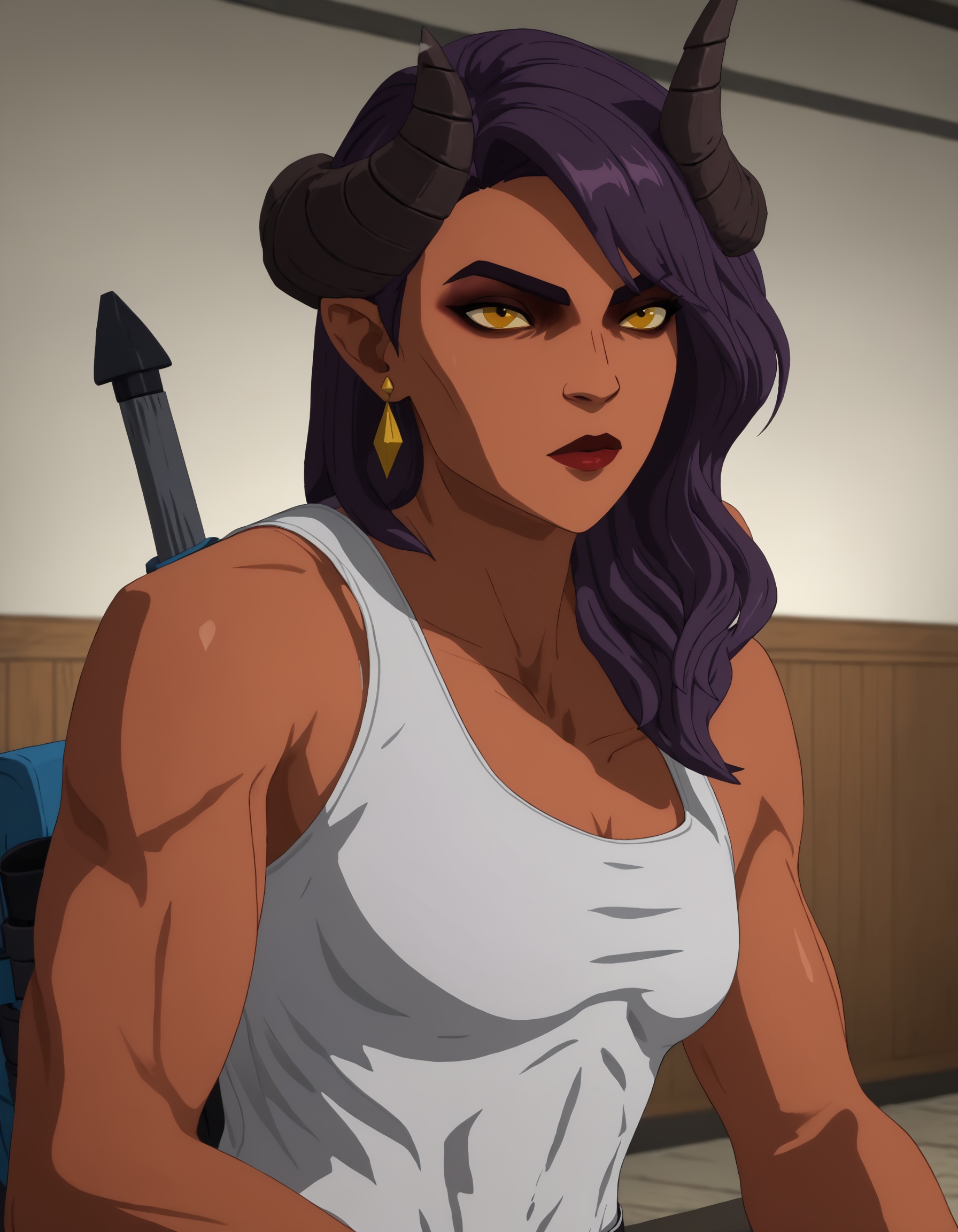 dispatch_malevola,  purple hair,  white ****-top on Tensor.Art