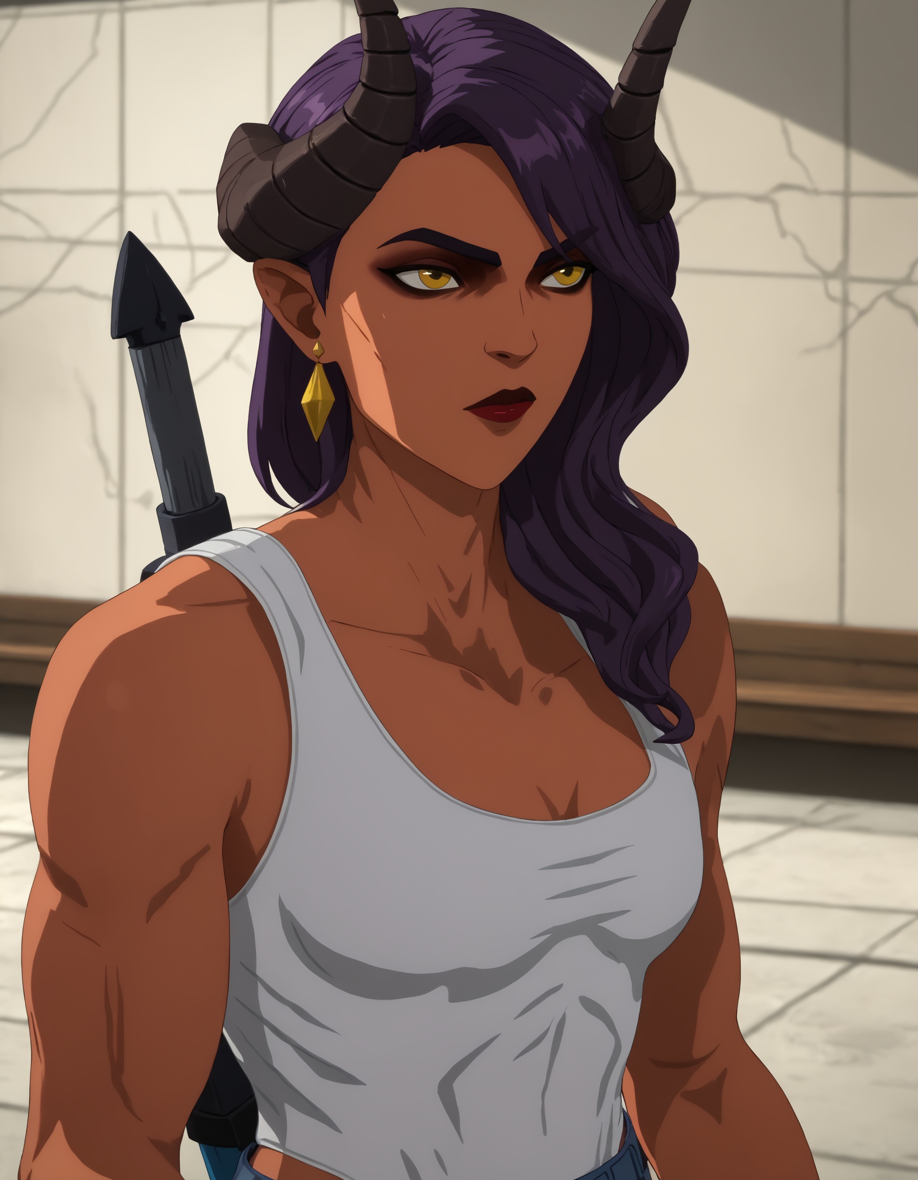 dispatch_malevola,  purple hair,  white ****-top on Tensor.Art