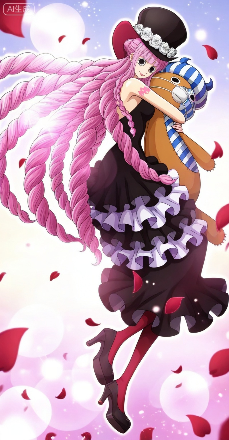 Perona one piece, Perona\(one piece\), 1girl, perona, pink hair, dress, long hair, hat, stuffed toy, solo, black dress, stuffed animal, black eyes, flower, braid, tattoo, white flower, white rose, high heels, drill hair, frilled dress, top hat, rose, frills, pantyhose, petals, blunt bangs, hat flower, looking at viewer, strapless dress, very long hair, smile, breasts, holding stuffed toy, arm tattoo, strapless, bare shoulders, striped clothes, holding, 9
,
depth of field,masterpiece,best quality,very aesthetic,alternate costume,alternate costume,2024,2023,perfect composition,ultra-detailed,extreme aesthetic,masterpiece,best quality,good quality,newest,year 2024,year 2023,very aesthetic,absurdres,looking_at_viewer,colorful,