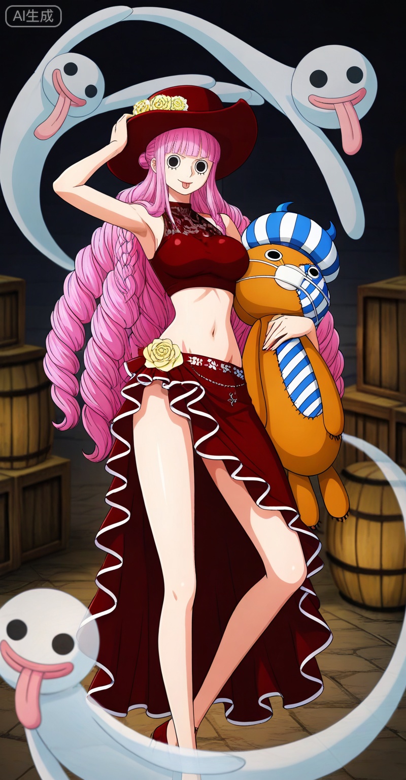 Perona one piece, Perona\(one piece\), 1girl, long hair, pink hair, flower, hat, perona, ghost, stuffed toy, navel, tongue, midriff, stuffed animal, tongue out, rose, crop top, breasts, solo, skirt, drill hair, yellow flower, barrel, armpits, holding, :p, arm up, 35
,
depth of field,masterpiece,best quality,very aesthetic,alternate costume,alternate costume,2024,2023,perfect composition,ultra-detailed,extreme aesthetic,masterpiece,best quality,good quality,newest,year 2024,year 2023,very aesthetic,absurdres,looking_at_viewer,colorful,