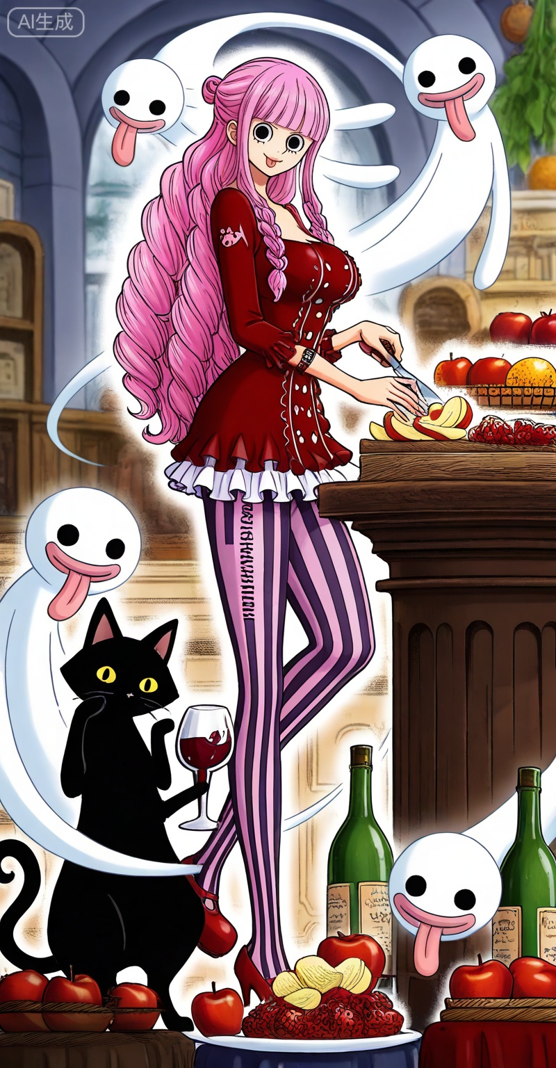 Perona one piece, Perona\(one piece\), perona, 1girl, pink hair, striped pantyhose, ghost, food, long hair, breasts, pantyhose, wine bottle, striped clothes, cat, tongue out, fruit, tongue, bottle, knife, vertical-striped clothes, vertical-striped pantyhose, holding, frills, blunt bangs, cleavage, indoors, dress, fork, standing, plate, smile, cup, drill hair, apple, 14
,
depth of field,masterpiece,best quality,very aesthetic,alternate costume,alternate costume,2024,2023,perfect composition,ultra-detailed,extreme aesthetic,masterpiece,best quality,good quality,newest,year 2024,year 2023,very aesthetic,absurdres,looking_at_viewer,colorful,