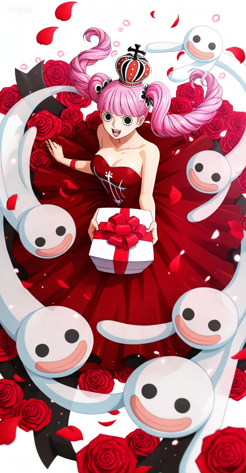 Perona one piece, Perona\(one piece\), 1girl, perona, red flower, rose, flower, ghost, pink hair, red rose, long hair, solo, dress, twintails, gift, white background, holding, open mouth, simple background, smile, strapless, petals, box, looking at viewer, breasts, cleavage, crown, strapless dress, rose petals, black eyes, bare shoulders, gift box, makeup, 21
,
depth of field,masterpiece,best quality,very aesthetic,alternate costume,alternate costume,2024,2023,perfect composition,ultra-detailed,extreme aesthetic,masterpiece,best quality,good quality,newest,year 2024,year 2023,very aesthetic,absurdres,looking_at_viewer,colorful,
