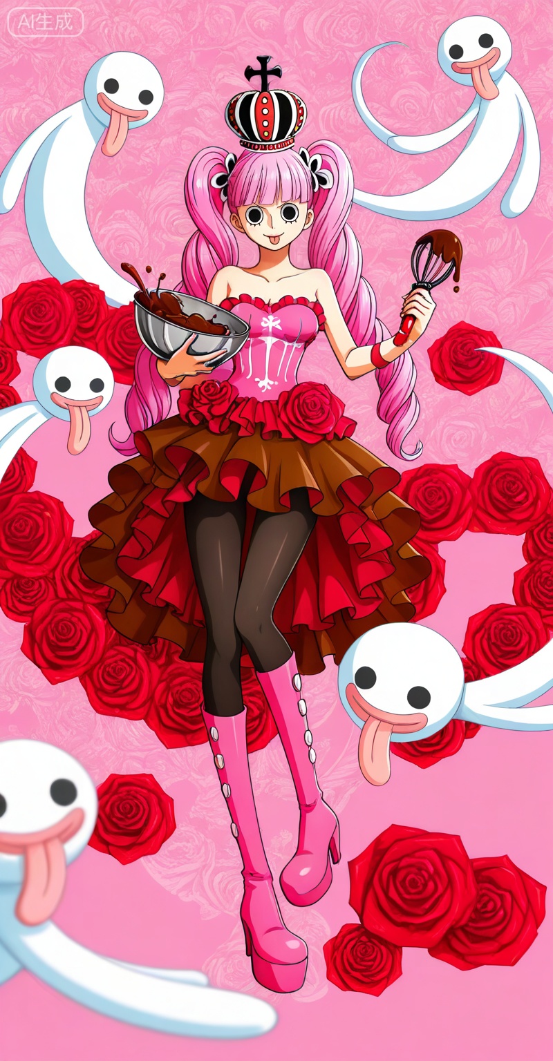 Perona one piece, Perona\(one piece\), 1girl, perona, ghost, pink hair, rose, flower, pantyhose, twintails, boots, long hair, dress, crown, red flower, red rose, black eyes, pink footwear, solo, tongue, bowl, tongue out, high heels, strapless, black pantyhose, holding bowl, cleavage, pink background, strapless dress, breasts, frills, bare shoulders, whisk, chocolate, 12
,
depth of field,masterpiece,best quality,very aesthetic,alternate costume,alternate costume,2024,2023,perfect composition,ultra-detailed,extreme aesthetic,masterpiece,best quality,good quality,newest,year 2024,year 2023,very aesthetic,absurdres,looking_at_viewer,colorful,
