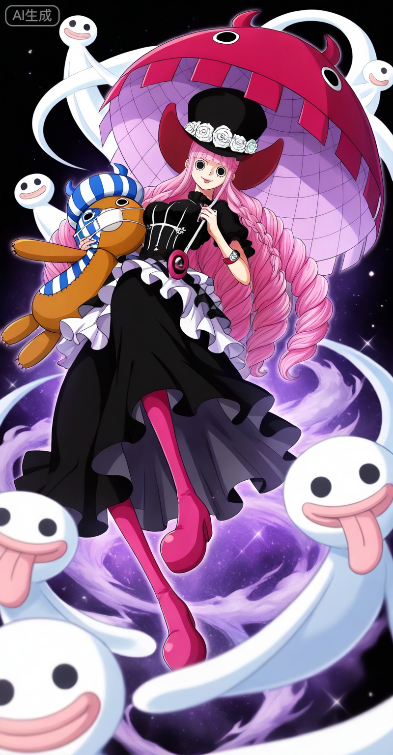 Perona one piece, Perona\(one piece\), perona, 1girl, umbrella, pink hair, dress, ghost, hat, long hair, boots, black dress, flower, holding, breasts, hat flower, white flower, holding umbrella, frilled dress, rose, drill hair, top hat, frills, stuffed toy, white rose, blunt bangs, looking at viewer, black eyes, black headwear, solo, pink footwear, black background, floating, smile, red footwear, stuffed animal, tongue, full body, knee boots, 38
,
depth of field,masterpiece,best quality,very aesthetic,alternate costume,alternate costume,2024,2023,perfect composition,ultra-detailed,extreme aesthetic,masterpiece,best quality,good quality,newest,year 2024,year 2023,very aesthetic,absurdres,looking_at_viewer,colorful,