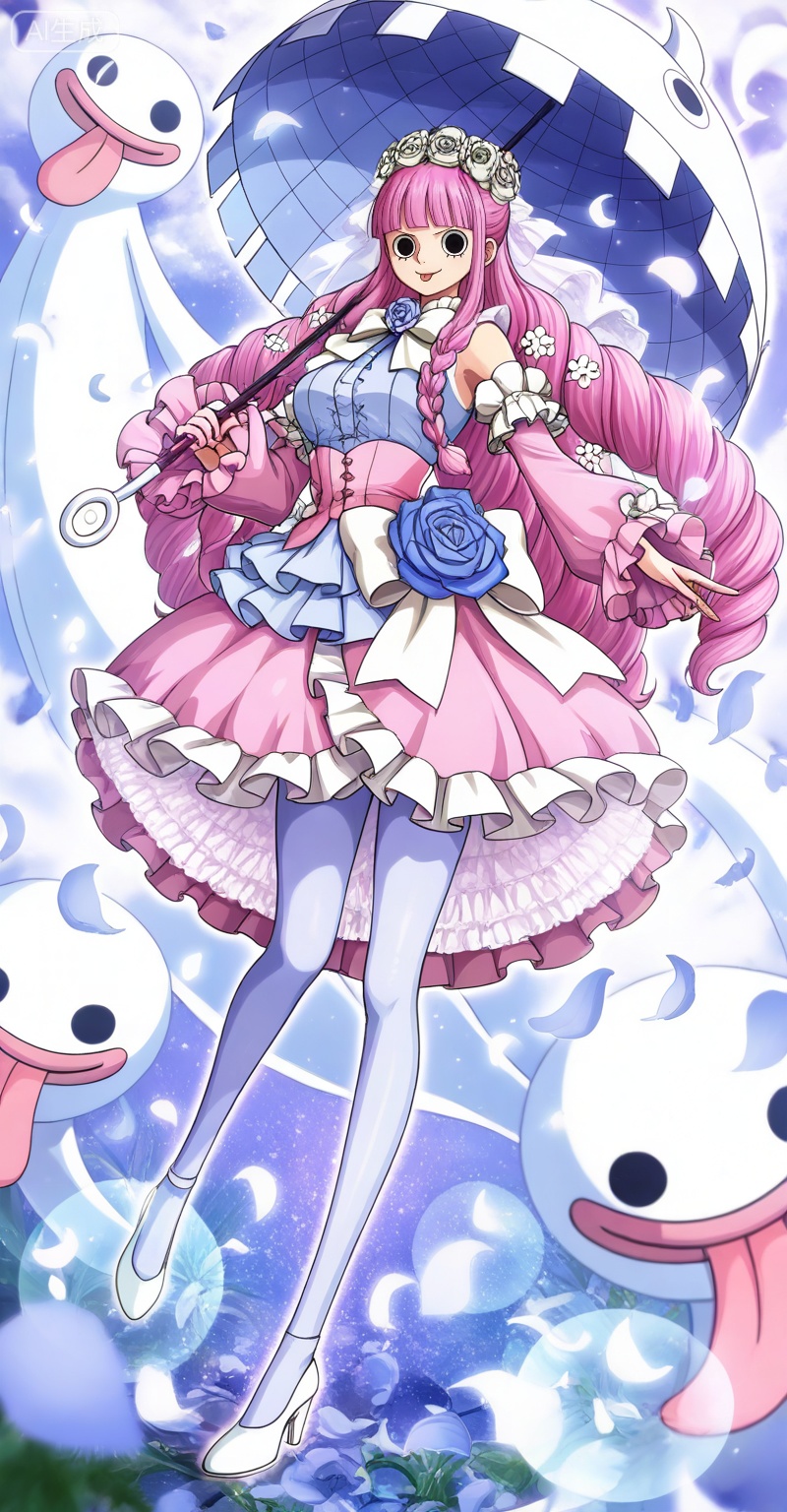 Perona one piece, Perona\(one piece\), 1girl, pink hair, umbrella, ghost, long hair, flower, dress, frilled dress, frills, detached sleeves, pantyhose, holding, solo, holding umbrella, perona, hair flower, high heels, hair ornament, rose, tongue, white flower, blunt bangs, drill hair, white rose, full body, petals, pink dress, looking at viewer, tongue out, lolita fashion, frilled sleeves, smile, blue flower, bow, black eyes, parasol, layered dress, braid, 18
,
depth of field,masterpiece,best quality,very aesthetic,alternate costume,alternate costume,2024,2023,perfect composition,ultra-detailed,extreme aesthetic,masterpiece,best quality,good quality,newest,year 2024,year 2023,very aesthetic,absurdres,looking_at_viewer,colorful,