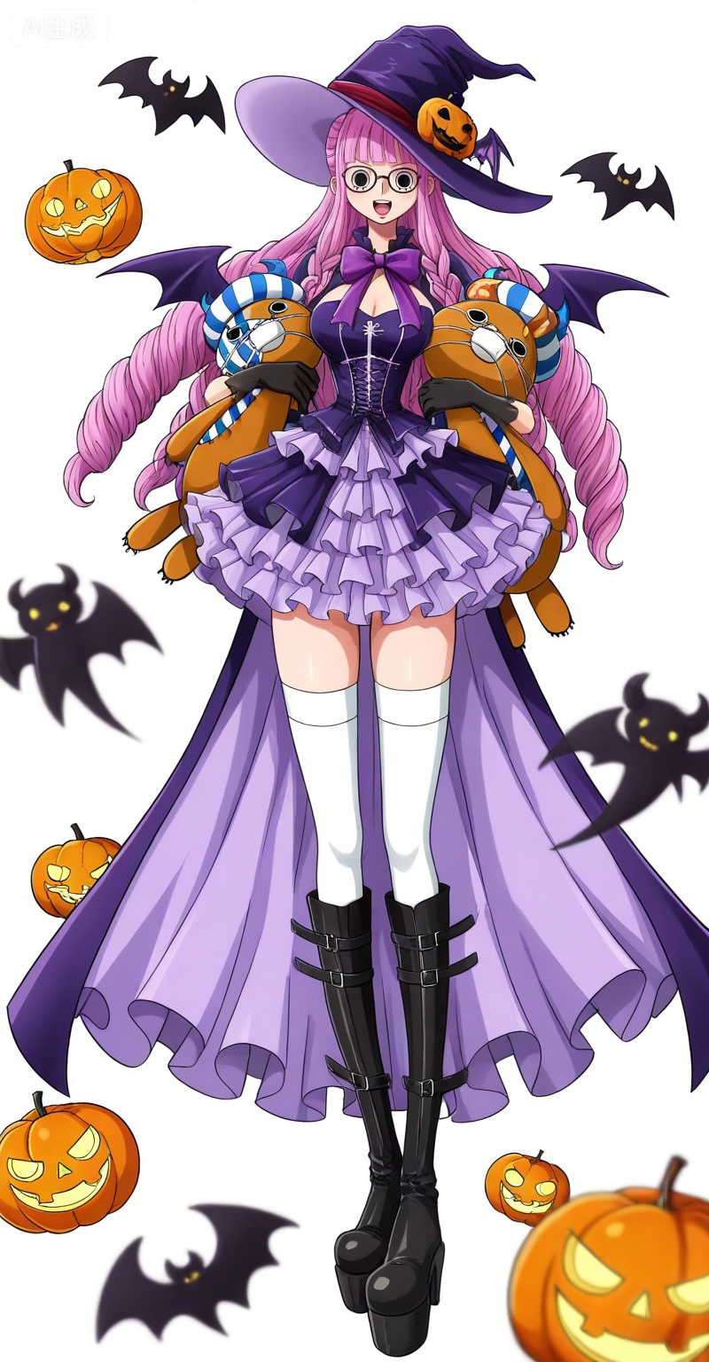 Perona one piece, Perona\(one piece\), 1girl, hat, solo, perona, witch hat, thighhighs, boots, long hair, gloves, full body, halloween, white background, black footwear, cleavage, standing, black gloves, purple hair, halloween costume, stuffed toy, dress, breasts, glasses, looking at viewer, simple background, zettai ryouiki, stuffed animal, bow, frills, white thighhighs, smile, drill hair, high heels, holding, purple dress, medium breasts, wings, skirt, knee boots, open mouth, 39
,
depth of field,masterpiece,best quality,very aesthetic,alternate costume,alternate costume,2024,2023,perfect composition,ultra-detailed,extreme aesthetic,masterpiece,best quality,good quality,newest,year 2024,year 2023,very aesthetic,absurdres,looking_at_viewer,colorful,