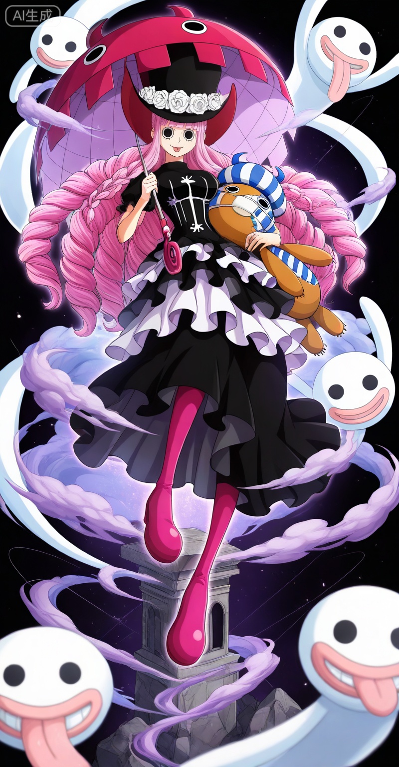 Perona one piece, Perona\(one piece\), perona, 1girl, umbrella, pink hair, dress, ghost, hat, long hair, boots, black dress, flower, holding, breasts, hat flower, white flower, holding umbrella, frilled dress, rose, drill hair, top hat, frills, stuffed toy, white rose, blunt bangs, looking at viewer, black eyes, black headwear, solo, pink footwear, black background, floating, smile, red footwear, stuffed animal, tongue, full body, knee boots, 38
,
depth of field,masterpiece,best quality,very aesthetic,alternate costume,alternate costume,2024,2023,perfect composition,ultra-detailed,extreme aesthetic,masterpiece,best quality,good quality,newest,year 2024,year 2023,very aesthetic,absurdres,looking_at_viewer,colorful,