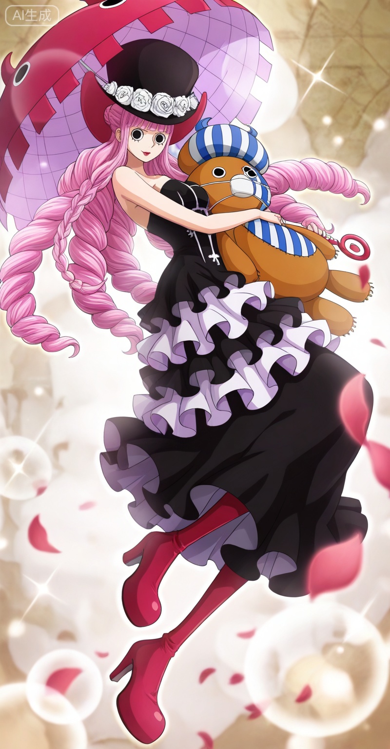 Perona one piece, Perona\(one piece\), 1girl, perona, dress, pink hair, umbrella, hat, long hair, top hat, high heels, stuffed toy, solo, black dress, stuffed animal, black eyes, flower, frilled dress, drill hair, frills, rose, bare shoulders, holding umbrella, hat flower, holding, makeup, strapless, white rose, strapless dress, lipstick, teddy bear, boots, 44
,
depth of field,masterpiece,best quality,very aesthetic,alternate costume,alternate costume,2024,2023,perfect composition,ultra-detailed,extreme aesthetic,masterpiece,best quality,good quality,newest,year 2024,year 2023,very aesthetic,absurdres,looking_at_viewer,colorful,