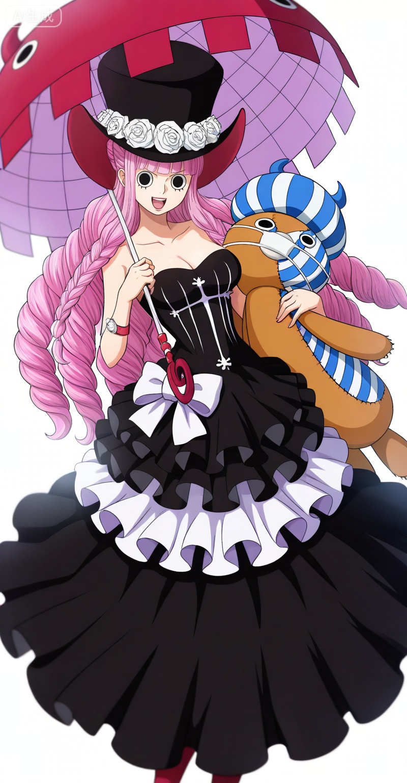 Perona one piece, Perona\(one piece\), 1girl, perona, umbrella, pink hair, hat, long hair, dress, holding umbrella, black eyes, stuffed toy, flower, breasts, cleavage, holding, top hat, simple background, stuffed animal, drill hair, black dress, white flower, white background, blunt bangs, strapless, smile, white rose, open mouth, solo, hat flower, looking at viewer, rose, braid, strapless dress, 1
,
depth of field,masterpiece,best quality,very aesthetic,alternate costume,alternate costume,2024,2023,perfect composition,ultra-detailed,extreme aesthetic,masterpiece,best quality,good quality,newest,year 2024,year 2023,very aesthetic,absurdres,looking_at_viewer,colorful,