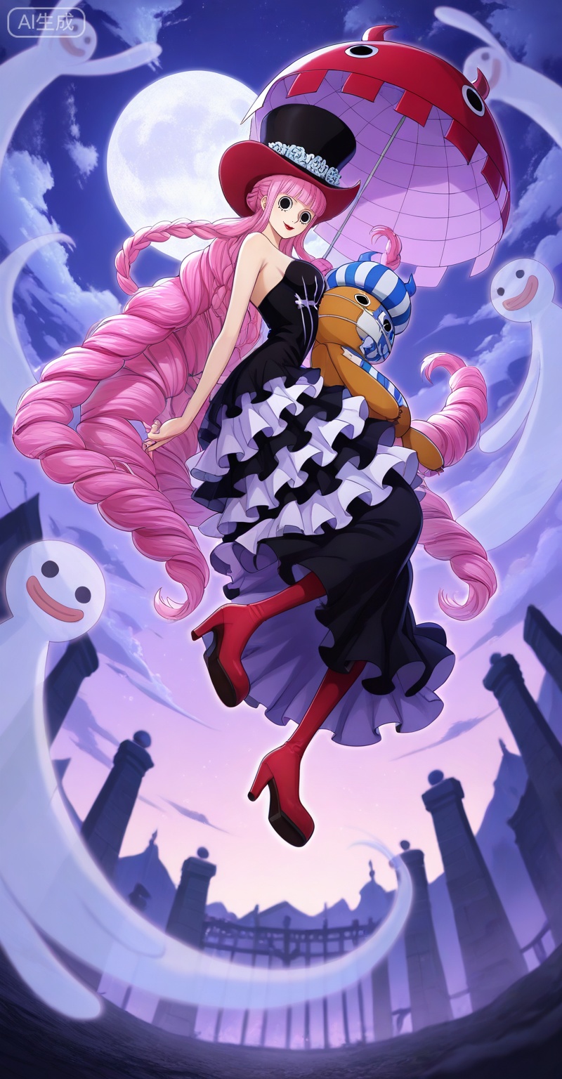 Perona one piece, Perona\(one piece\), perona, 1girl, umbrella, ghost, pink hair, long hair, moon, dress, holding, hat, holding umbrella, night, drill hair, boots, black dress, full moon, sky, red footwear, stuffed toy, very long hair, top hat, high heels, frills, solo, night sky, frilled dress, blunt bangs, red lips, strapless, looking at viewer, cloud, black headwear, stuffed animal, strapless dress, breasts, outdoors, smile, lipstick, floating hair, makeup, floating, full body, bare shoulders, black eyes, layered dress, high heel boots, 8
,
depth of field,masterpiece,best quality,very aesthetic,alternate costume,alternate costume,2024,2023,perfect composition,ultra-detailed,extreme aesthetic,masterpiece,best quality,good quality,newest,year 2024,year 2023,very aesthetic,absurdres,looking_at_viewer,colorful,