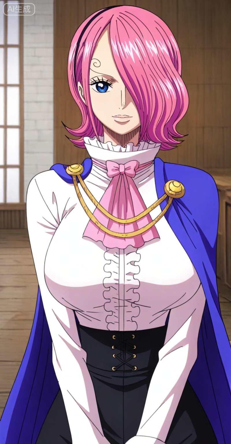 Vinsmoke Reiju one piece, Vinsmoke Reiju\(one piece\), 1girl, solo, pink hair, hair over one eye, blue eyes, short hair, cape, breasts, large breasts, ascot, curly eyebrows, 17
,
depth of field,masterpiece,best quality,very aesthetic,alternate costume,alternate costume,2024,2023,perfect composition,ultra-detailed,extreme aesthetic,masterpiece,best quality,good quality,newest,year 2024,year 2023,very aesthetic,absurdres,looking_at_viewer,colorful,