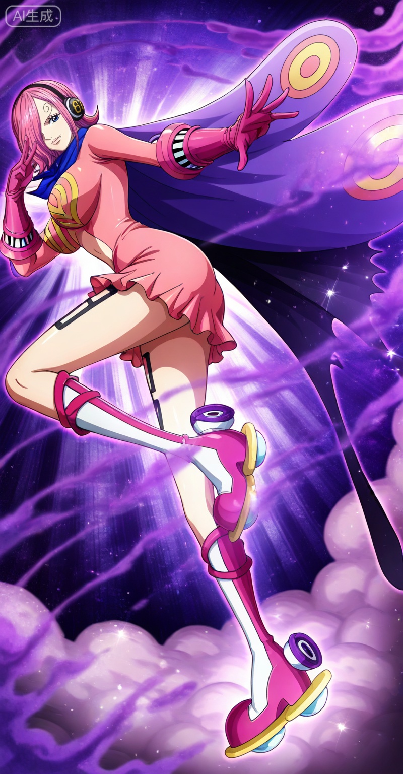 Vinsmoke Reiju one piece, Vinsmoke Reiju\(one piece\), 1girl, solo, pink hair, gloves, dress, breasts, pink gloves, headphones, cape, short hair, boots, looking at viewer, short dress, curly eyebrows, smile, large breasts, smoke, hair over one eye, pink dress, pink footwear, full body, 3
,
depth of field,masterpiece,best quality,very aesthetic,alternate costume,alternate costume,2024,2023,perfect composition,ultra-detailed,extreme aesthetic,masterpiece,best quality,good quality,newest,year 2024,year 2023,very aesthetic,absurdres,looking_at_viewer,colorful,