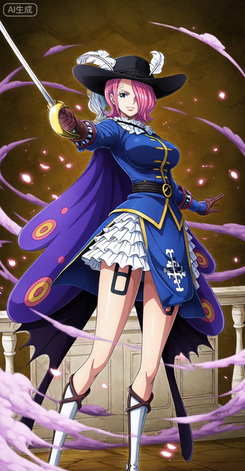 Vinsmoke Reiju one piece, Vinsmoke Reiju\(one piece\), 1girl, pink hair, hat, weapon, solo, sword, rapier, gloves, breasts, short hair, hair over one eye, large breasts, hat feather, blue eyes, cleavage, boots, smile, skirt, looking at viewer, 14
,
depth of field,masterpiece,best quality,very aesthetic,alternate costume,alternate costume,2024,2023,perfect composition,ultra-detailed,extreme aesthetic,masterpiece,best quality,good quality,newest,year 2024,year 2023,very aesthetic,absurdres,looking_at_viewer,colorful,