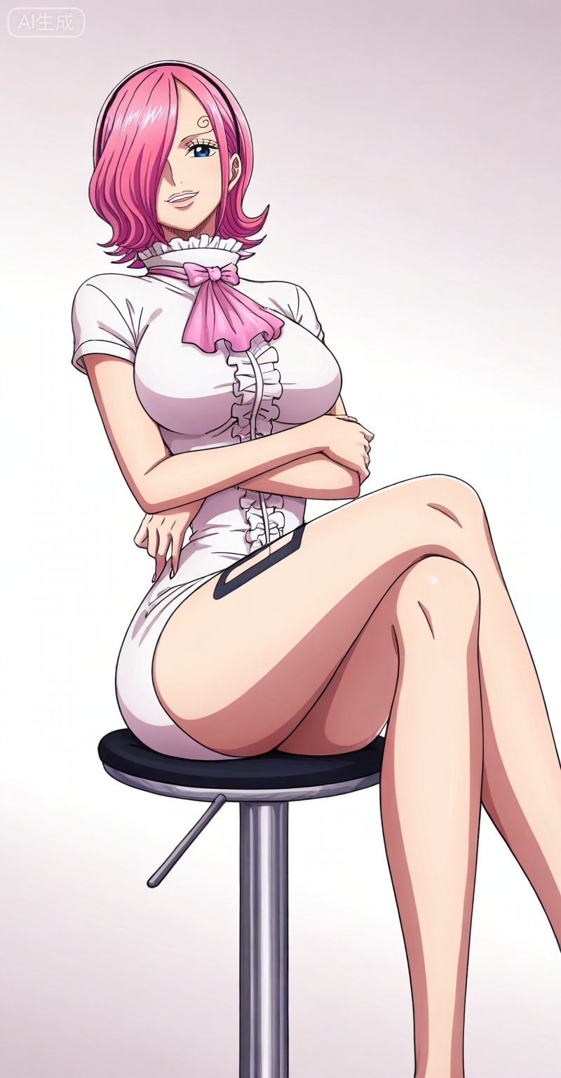 Vinsmoke Reiju one piece, Vinsmoke Reiju\(one piece\), 1girl, pink hair, solo, crossed legs, hair over one eye, breasts, looking at viewer, short hair, sitting, large breasts, crossed arms, dress, blue eyes, smile, open mouth, white dress, ascot, short dress, transparent background, short sleeves, simple background, 7
,
depth of field,masterpiece,best quality,very aesthetic,alternate costume,alternate costume,2024,2023,perfect composition,ultra-detailed,extreme aesthetic,masterpiece,best quality,good quality,newest,year 2024,year 2023,very aesthetic,absurdres,looking_at_viewer,colorful,