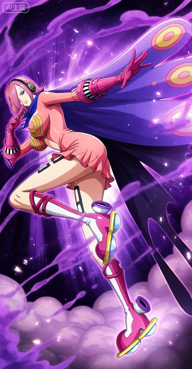 Vinsmoke Reiju one piece, Vinsmoke Reiju\(one piece\), 1girl, solo, pink hair, gloves, dress, breasts, pink gloves, headphones, cape, short hair, boots, looking at viewer, short dress, curly eyebrows, smile, large breasts, smoke, hair over one eye, pink dress, pink footwear, full body, 3
,
depth of field,masterpiece,best quality,very aesthetic,alternate costume,alternate costume,2024,2023,perfect composition,ultra-detailed,extreme aesthetic,masterpiece,best quality,good quality,newest,year 2024,year 2023,very aesthetic,absurdres,looking_at_viewer,colorful,