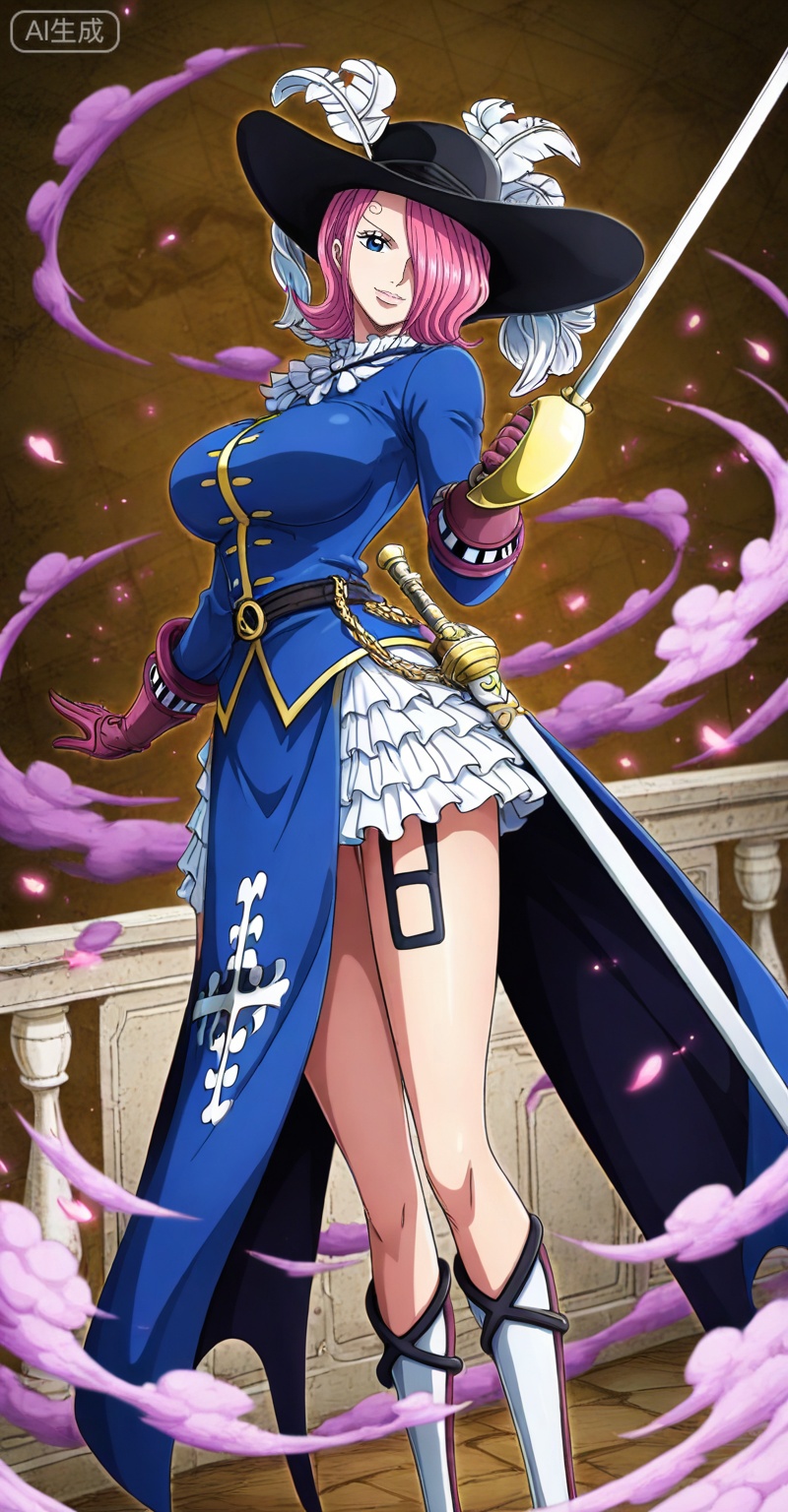 Vinsmoke Reiju one piece, Vinsmoke Reiju\(one piece\), 1girl, pink hair, hat, weapon, solo, sword, rapier, gloves, breasts, short hair, hair over one eye, large breasts, hat feather, blue eyes, cleavage, boots, smile, skirt, looking at viewer, 14
,
depth of field,masterpiece,best quality,very aesthetic,alternate costume,alternate costume,2024,2023,perfect composition,ultra-detailed,extreme aesthetic,masterpiece,best quality,good quality,newest,year 2024,year 2023,very aesthetic,absurdres,looking_at_viewer,colorful,