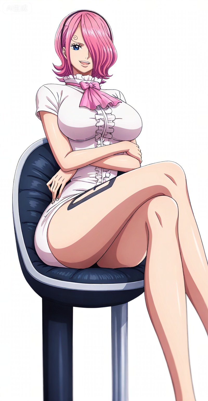 Vinsmoke Reiju one piece, Vinsmoke Reiju\(one piece\), 1girl, pink hair, solo, crossed legs, hair over one eye, breasts, looking at viewer, short hair, sitting, large breasts, crossed arms, dress, blue eyes, smile, open mouth, white dress, ascot, short dress, transparent background, short sleeves, simple background, 7
,
depth of field,masterpiece,best quality,very aesthetic,alternate costume,alternate costume,2024,2023,perfect composition,ultra-detailed,extreme aesthetic,masterpiece,best quality,good quality,newest,year 2024,year 2023,very aesthetic,absurdres,looking_at_viewer,colorful,