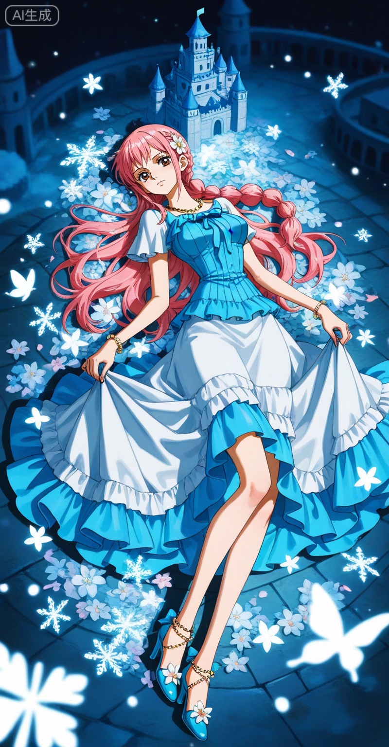 depth of field,masterpiece,best quality,very aesthetic,alternate costume,alternate costume,2024,2023,perfect composition,ultra-detailed,extreme aesthetic,(quasarcake:0.7),masterpiece,best quality,good quality,newest,year 2024,year 2023,very aesthetic,absurdres,looking_at_viewer,colorful,
rebecca one piece,rebecca\(one piece\),pink hair,braid,long hair,brown eyes,retro artstyle,Rebecca\(one piece\),
lvjing,1girl,dress,long hair,solo,skirt hold,hair ornament,jewelry,white hair,white dress,blue dress,necklace,full body,night,castle,butterfly,snowflakes,bug,flower,56, lvjing,lying,on back,high_heels,
