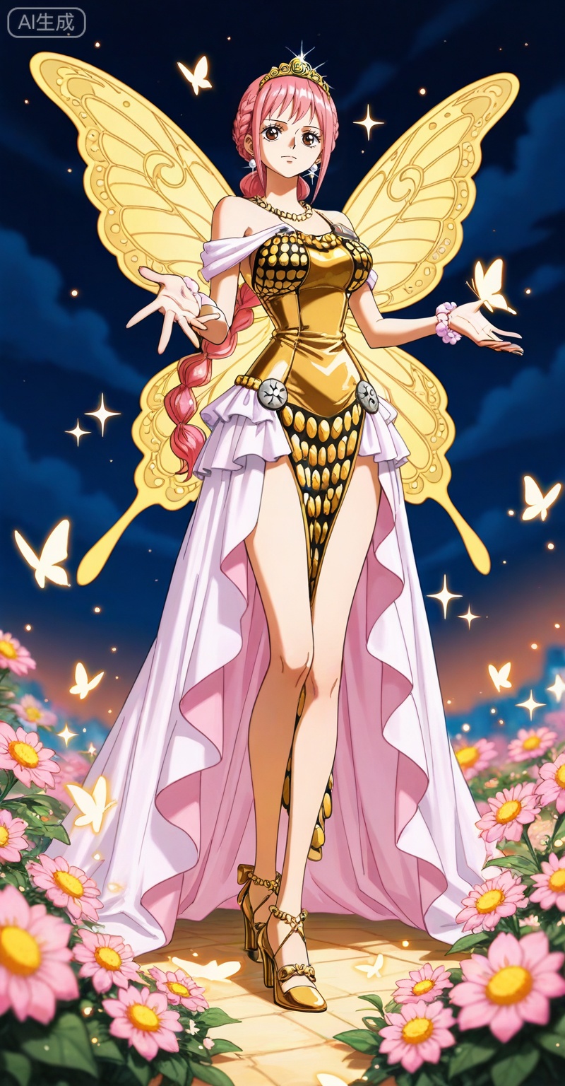 depth of field,masterpiece,best quality,very aesthetic,alternate costume,alternate costume,2024,2023,perfect composition,ultra-detailed,extreme aesthetic,(quasarcake:0.7),masterpiece,best quality,good quality,newest,year 2024,year 2023,very aesthetic,absurdres,looking_at_viewer,colorful,
rebecca one piece,rebecca\(one piece\),pink hair,braid,long hair,brown eyes,retro artstyle,Rebecca\(one piece\),
lvjing,1girl,dress,hair ornament,butterfly,jewelry,bug,solo,wings,insect wings,earrings,flower,tiara,necklace,night,butterfly wings,sparkle,outstretched hand,bare shoulders,30,legs,long legs,high_heels,white dress,gold dress,pink dress,
