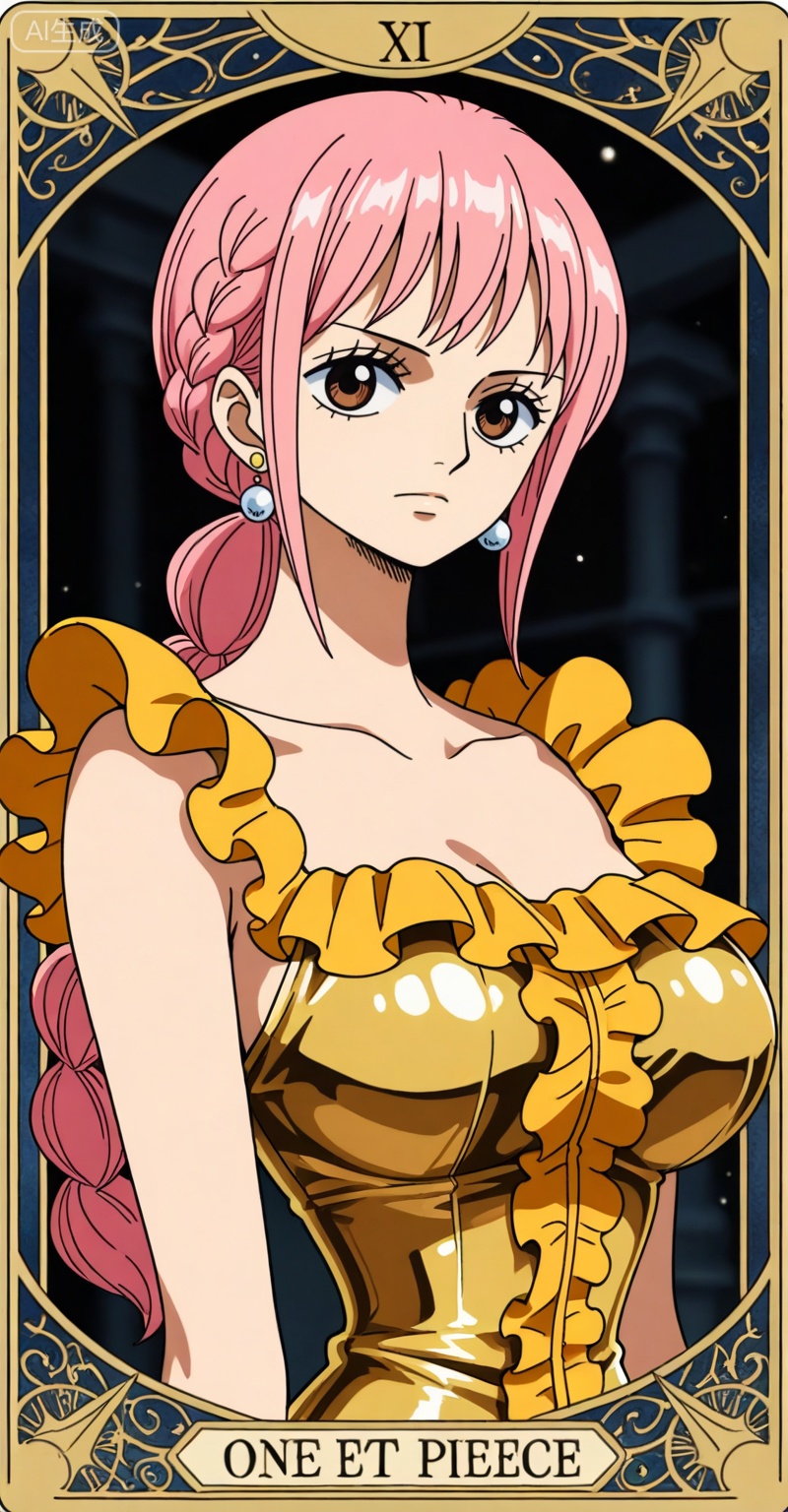 depth of field,masterpiece,best quality,very aesthetic,alternate costume,alternate costume,2024,2023,perfect composition,ultra-detailed,extreme aesthetic,masterpiece,best quality,good quality,newest,year 2024,year 2023,very aesthetic,absurdres,looking_at_viewer,colorful,
rebecca one piece,rebecca\(one piece\),pink hair,braid,long hair,brown eyes,retro artstyle,
1girl,solo,earrings,jewelry,looking at viewer,breasts,tarot,collarbone,upper body,dress,closed mouth,card \(medium\),tarot \(medium\),frills,border,armor,gold dress,
