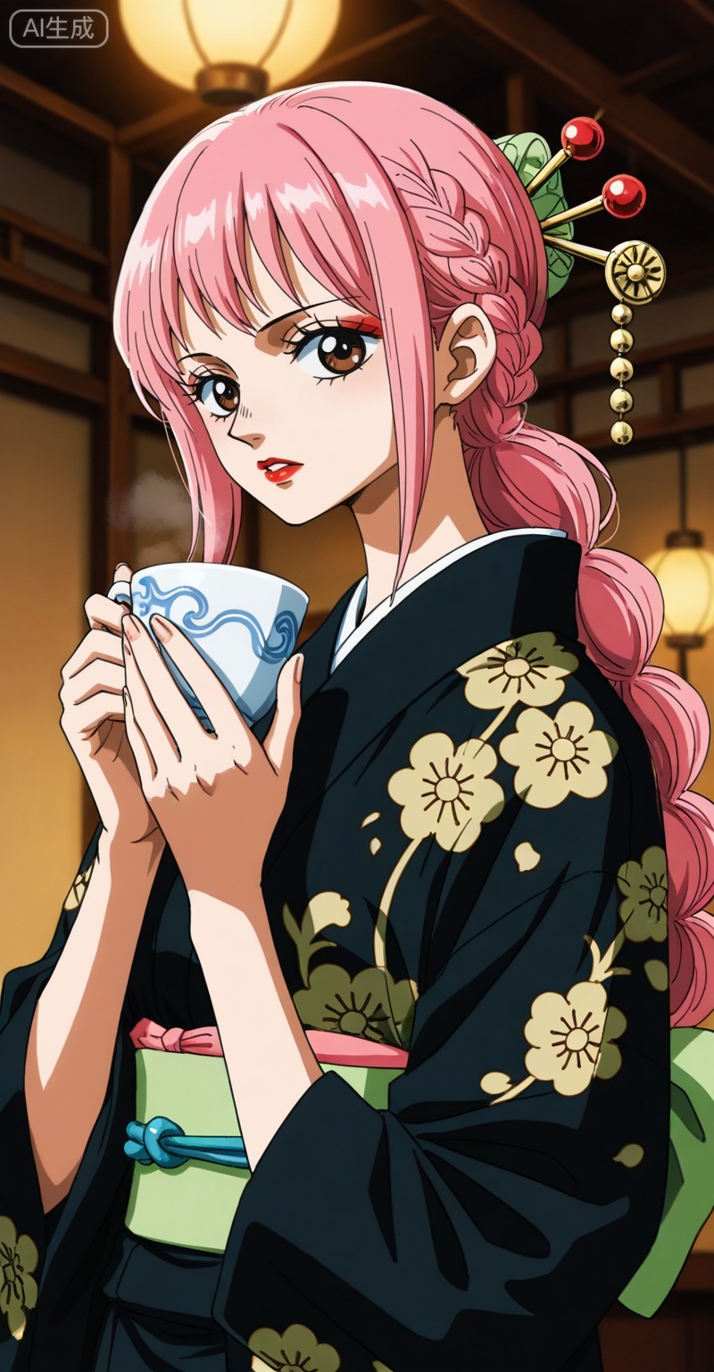 depth of field,masterpiece,best quality,very aesthetic,alternate costume,alternate costume,2024,2023,perfect composition,ultra-detailed,extreme aesthetic,(quasarcake:0.7),masterpiece,best quality,good quality,newest,year 2024,year 2023,very aesthetic,absurdres,looking_at_viewer,colorful,
rebecca one piece,rebecca\(one piece\),pink hair,braid,long hair,brown eyes,retro artstyle,Rebecca\(one piece\),
1girl,solo,japanese clothes,kimono,hair ornament,hair stick,black kimono,looking at viewer,makeup,cup,red lips,lipstick,holding,upper body,parted lips,eyelashes,holding cup,indoors, 

