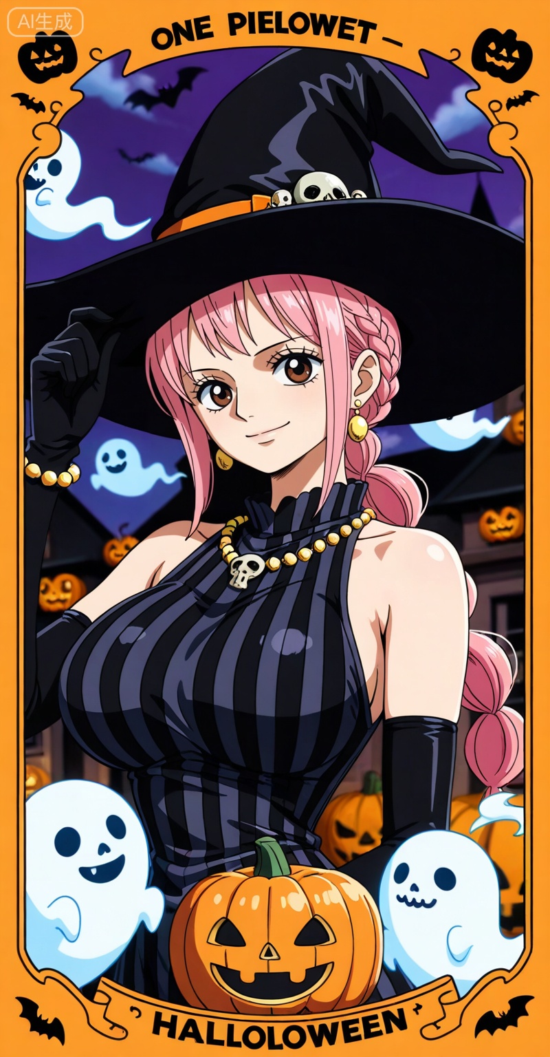depth of field,masterpiece,best quality,very aesthetic,alternate costume,alternate costume,2024,2023,perfect composition,ultra-detailed,extreme aesthetic,masterpiece,best quality,good quality,newest,year 2024,year 2023,very aesthetic,absurdres,looking_at_viewer,colorful,
rebecca one piece,rebecca\(one piece\),pink hair,braid,long hair,brown eyes,retro artstyle,
1girl,witch hat,gloves,jewelry,hat,breasts,solo,jack-o'-lantern,dress,halloween,earrings,ghost,black gloves,necklace,looking at viewer,black dress,pumpkin,smile,black headwear,sleeveless,elbow gloves,happy halloween,sleeveless dress,striped dress,bracelet,purple eyes,border,skull,upper body,halloween costume,witch,striped clothes,hand on headwear,large breasts,closed mouth,bare shoulders,
