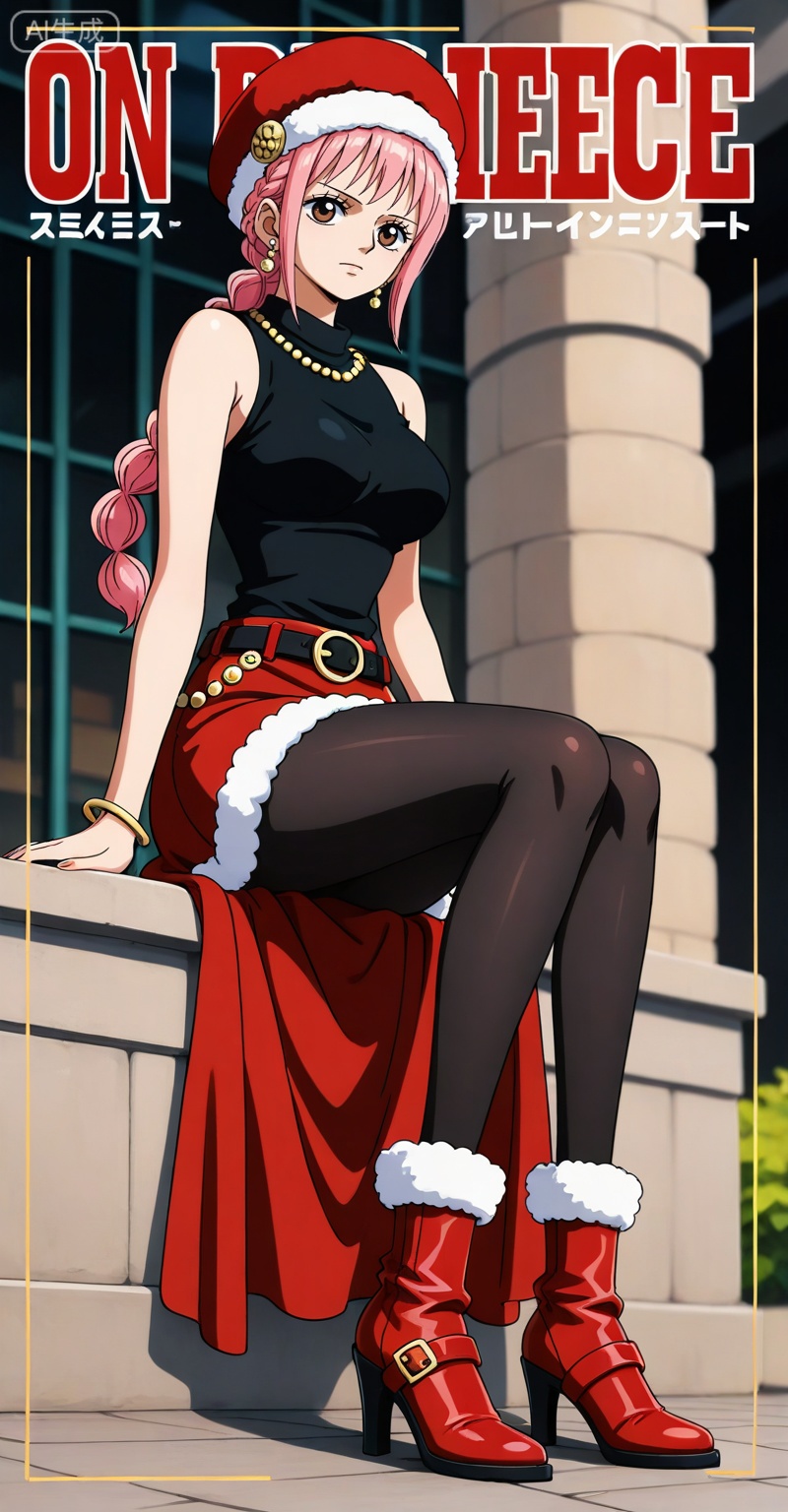 depth of field,masterpiece,best quality,very aesthetic,alternate costume,alternate costume,2024,2023,perfect composition,ultra-detailed,extreme aesthetic,masterpiece,best quality,good quality,newest,year 2024,year 2023,very aesthetic,absurdres,looking_at_viewer,colorful,
rebecca one piece,rebecca\(one piece\),pink hair,braid,long hair,brown eyes,retro artstyle,
1girl,boots,fur trim,jewelry,hat,long hair,breasts,red footwear,skirt,fur-trimmed boots,earrings,sitting,red skirt,bracelet,high heels,full body,looking at viewer,belt,closed mouth,sleeveless,high heel boots,copyright name,bangle,english text,black pantyhose,cover,medium breasts,black shirt,shirt,fur-trimmed skirt,46,
