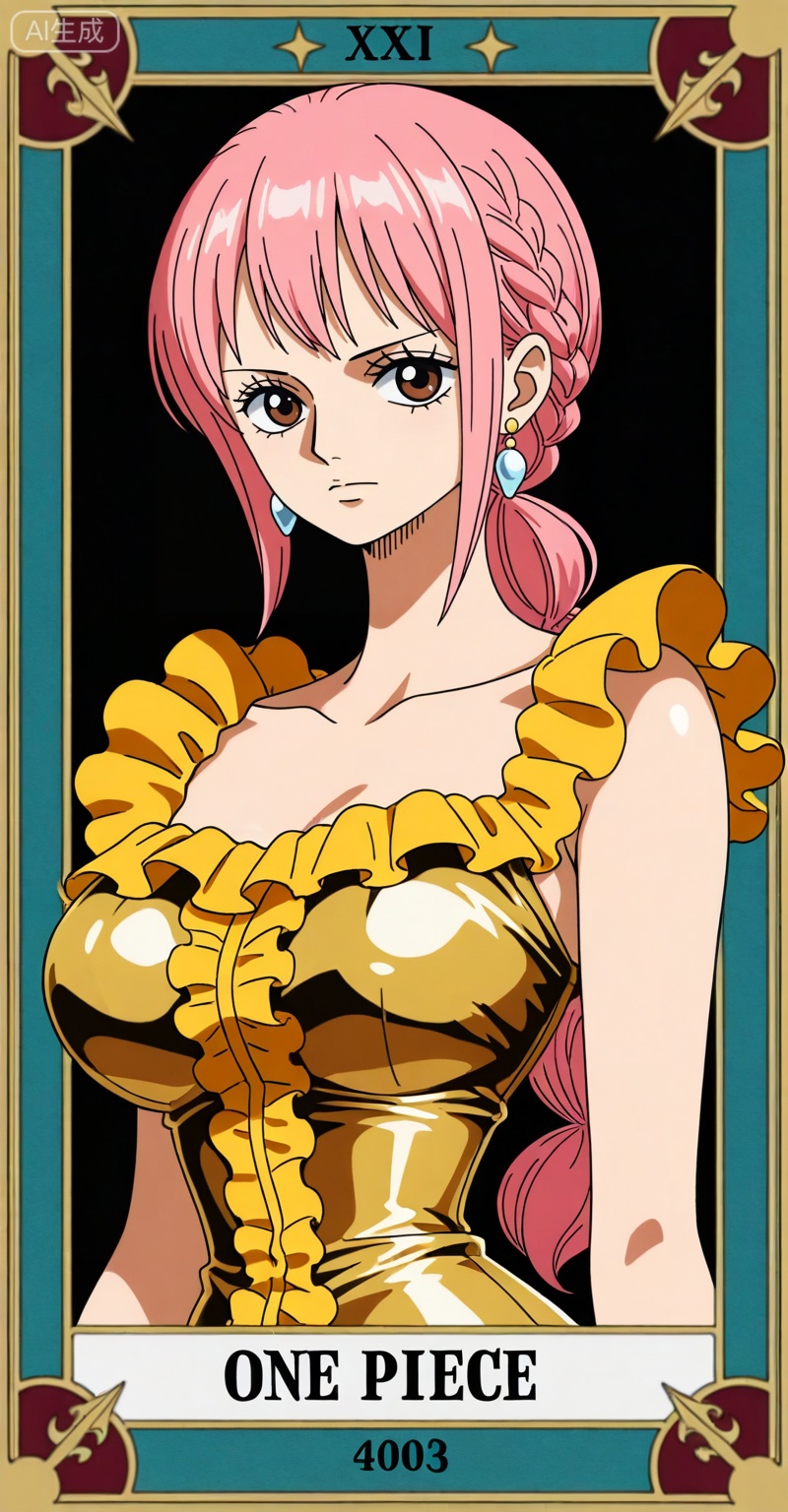 depth of field,masterpiece,best quality,very aesthetic,alternate costume,alternate costume,2024,2023,perfect composition,ultra-detailed,extreme aesthetic,masterpiece,best quality,good quality,newest,year 2024,year 2023,very aesthetic,absurdres,looking_at_viewer,colorful,
rebecca one piece,rebecca\(one piece\),pink hair,braid,long hair,brown eyes,retro artstyle,
1girl,solo,earrings,jewelry,looking at viewer,breasts,tarot,collarbone,upper body,dress,closed mouth,card \(medium\),tarot \(medium\),frills,border,armor,gold dress,
