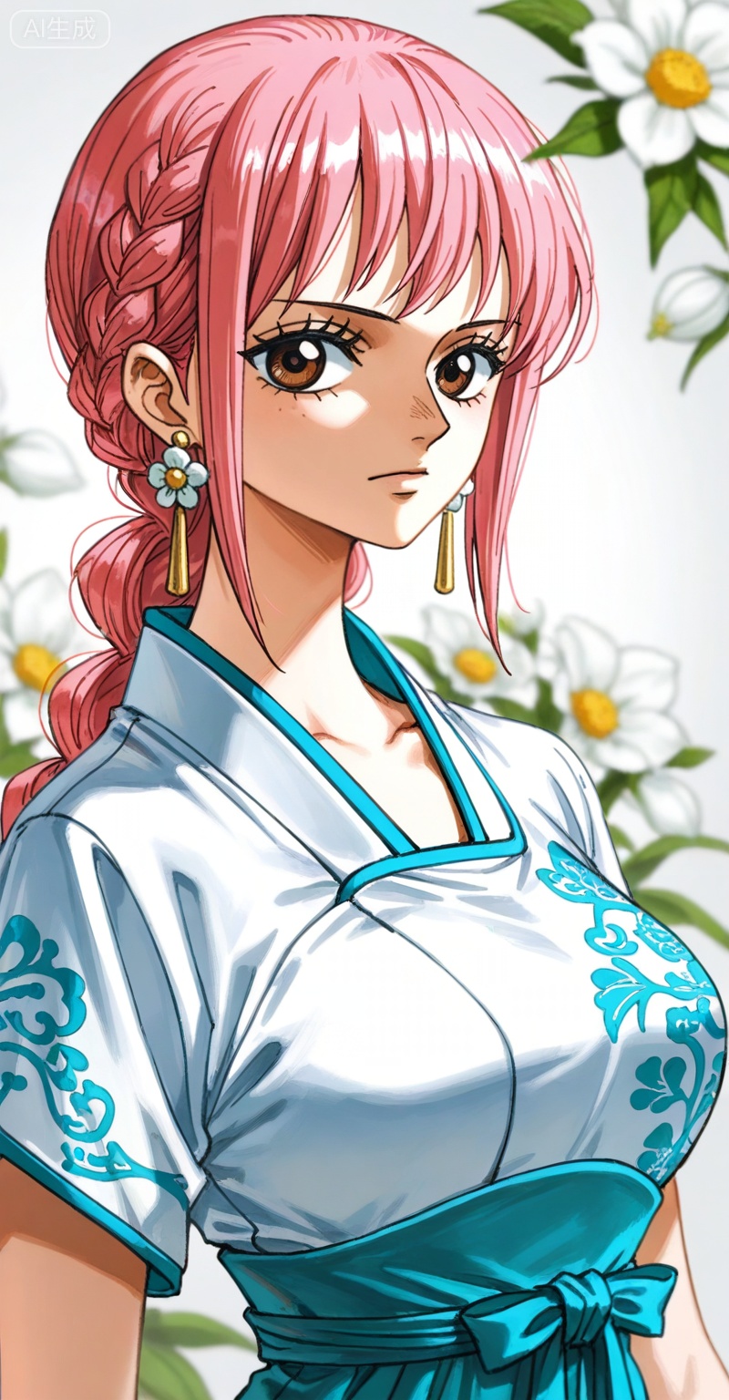 depth of field,masterpiece,best quality,very aesthetic,alternate costume,alternate costume,2024,2023,perfect composition,ultra-detailed,extreme aesthetic,(quasarcake:0.7),masterpiece,best quality,good quality,newest,year 2024,year 2023,very aesthetic,absurdres,looking_at_viewer,colorful,
rebecca one piece,rebecca\(one piece\),pink hair,braid,long hair,brown eyes,retro artstyle,Rebecca\(one piece\),
1girl,solo,
flower,earrings,jewelry,chinese clothes,looking at viewer,upper body,white flower,hanfu,
