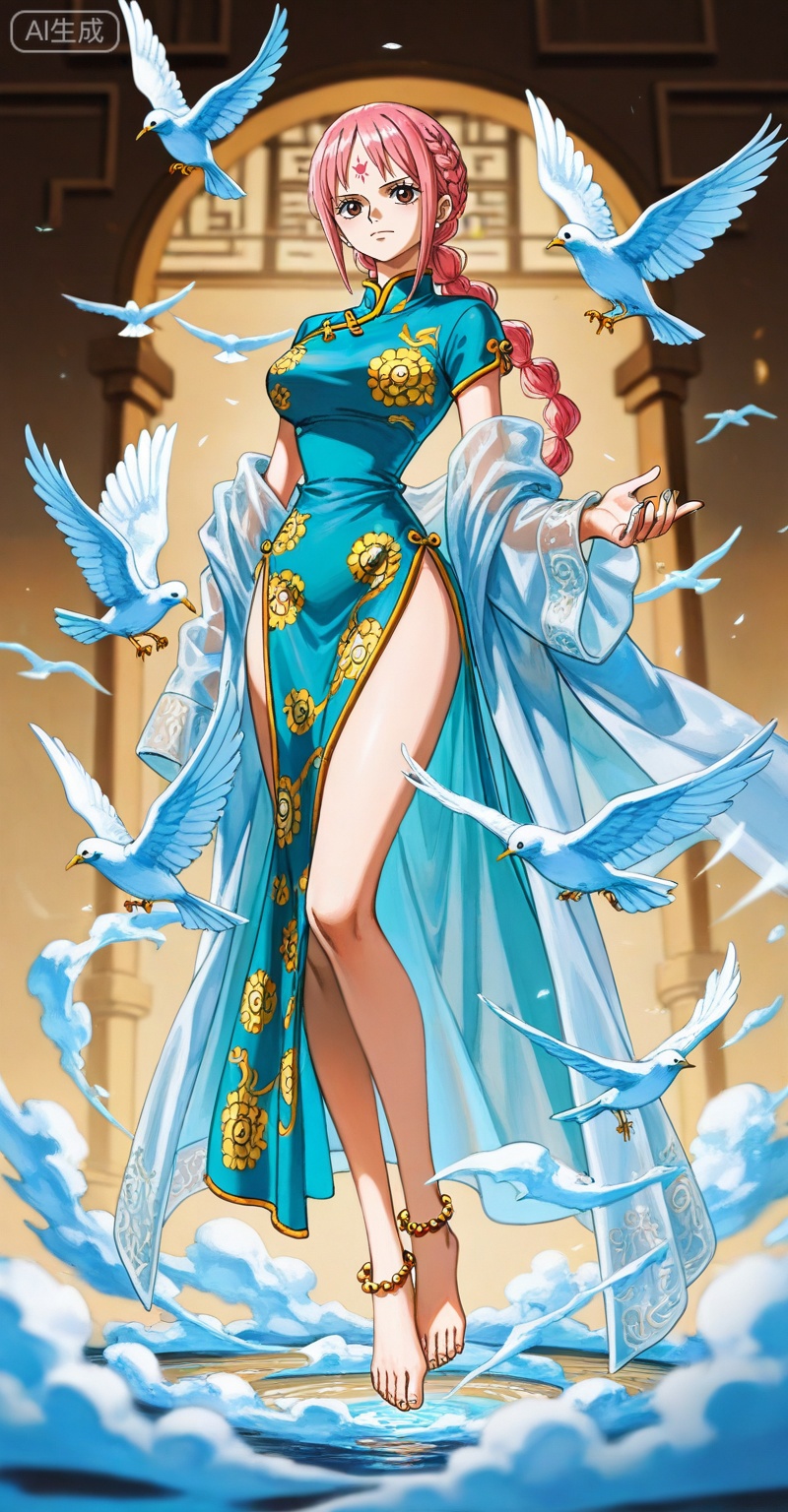 depth of field,masterpiece,best quality,very aesthetic,alternate costume,alternate costume,2024,2023,perfect composition,ultra-detailed,extreme aesthetic,(quasarcake:0.7),masterpiece,best quality,good quality,newest,year 2024,year 2023,very aesthetic,absurdres,looking_at_viewer,colorful,
rebecca one piece,rebecca\(one piece\),pink hair,braid,long hair,brown eyes,retro artstyle,Rebecca\(one piece\),
lvjing,1girl,bird,long hair,dress,jewelry,solo,hair ornament,forehead mark,anklet,barefoot,facial mark,chinese clothes,full body,floating,5,
