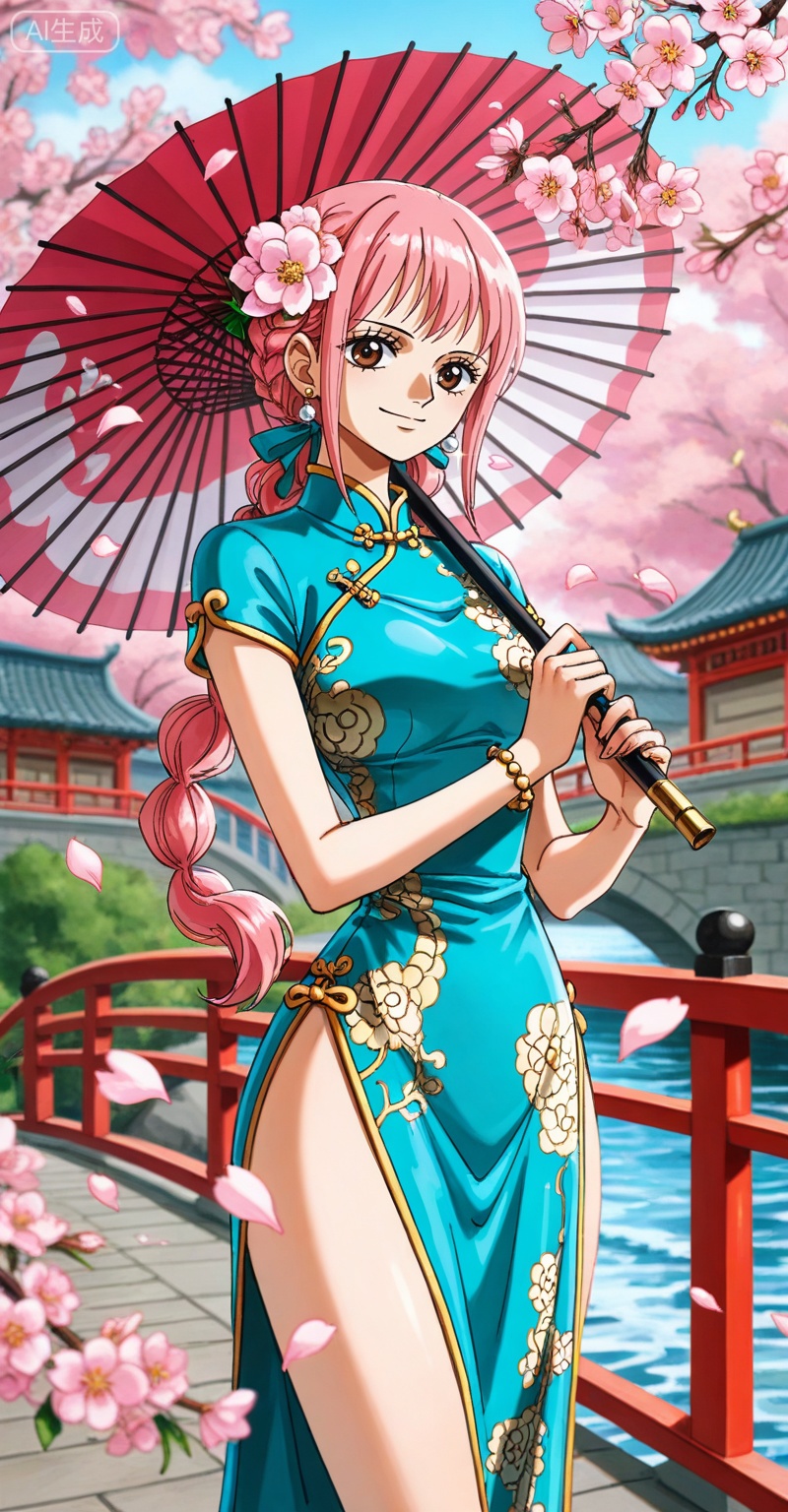depth of field,masterpiece,best quality,very aesthetic,alternate costume,alternate costume,2024,2023,perfect composition,ultra-detailed,extreme aesthetic,(quasarcake:0.7),masterpiece,best quality,good quality,newest,year 2024,year 2023,very aesthetic,absurdres,looking_at_viewer,colorful,
rebecca one piece,rebecca\(one piece\),pink hair,braid,long hair,brown eyes,retro artstyle,Rebecca\(one piece\),
1girl,solo,dress,umbrella,long hair,chinese clothes,china dress,jewelry,petals,flower,cherry blossoms,hand fan,smile,hair ornament,holding,earrings,folding fan,water,bridge,looking at viewer,hair flower,breasts,holding umbrella,bracelet,river,outdoors,east asian architecture,
