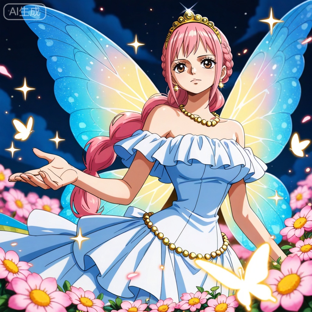 depth of field,masterpiece,best quality,very aesthetic,alternate costume,alternate costume,2024,2023,perfect composition,ultra-detailed,extreme aesthetic,masterpiece,best quality,good quality,newest,year 2024,year 2023,very aesthetic,absurdres,looking_at_viewer,colorful,
rebecca one piece,rebecca\(one piece\),pink hair,braid,long hair,brown eyes,retro artstyle,Rebecca\(one piece\),
lvjing,1girl,dress,hair ornament,butterfly,jewelry,bug,solo,wings,insect wings,earrings,flower,tiara,necklace,night,butterfly wings,sparkle,outstretched hand,bare shoulders,gold dress,
