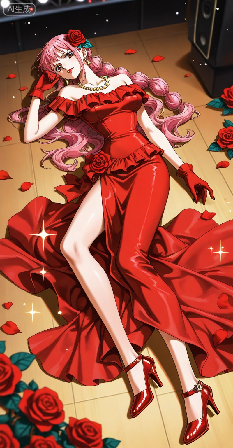 depth of field,masterpiece,best quality,very aesthetic,alternate costume,alternate costume,2024,2023,perfect composition,ultra-detailed,extreme aesthetic,(quasarcake:0.7),masterpiece,best quality,good quality,newest,year 2024,year 2023,very aesthetic,absurdres,looking_at_viewer,colorful,
rebecca one piece,rebecca\(one piece\),pink hair,braid,long hair,brown eyes,retro artstyle,Rebecca\(one piece\),
lvjing,red dress,flower,dress,long hair,1girl,solo,red flower,jewelry,hair ornament,red gloves,red footwear,hair flower,gloves,rose,high heels,full body,looking at viewer,earrings,red rose,wavy hair,sparkle,petals,stage,red lips,necklace,side slit,long dress,makeup,red nails,45, ,lvjing,lying,on back,high_heels,
